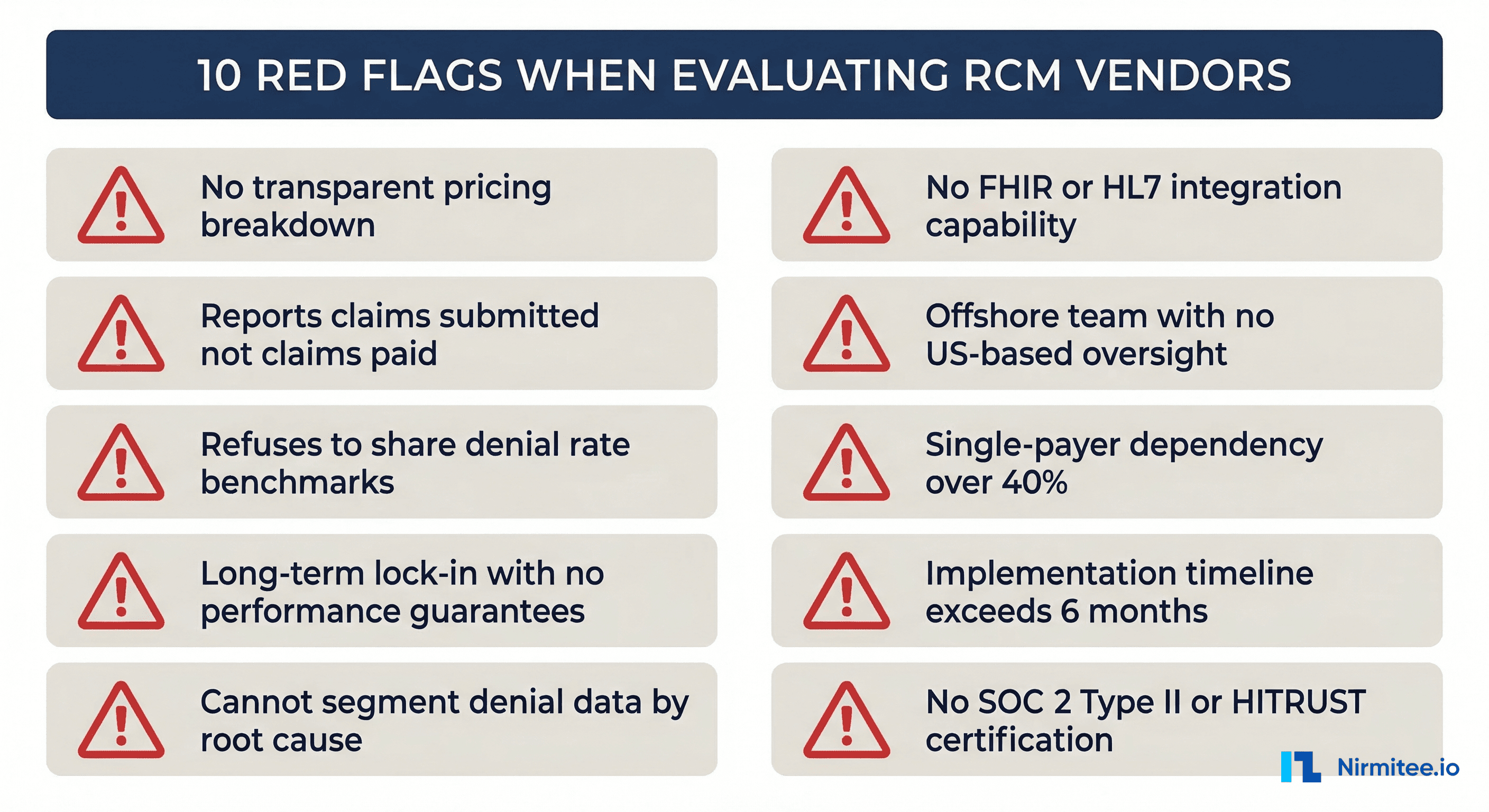 RCM vendor red flags checklist showing 10 warning signs when evaluating revenue cycle management companies