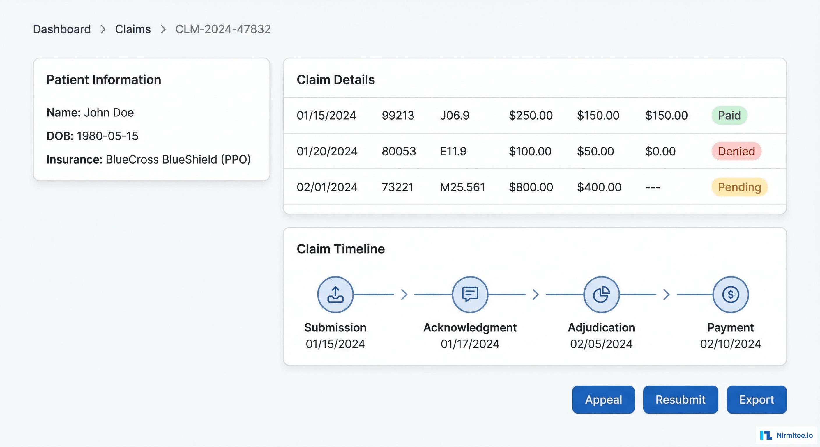 Claims Detail Screen - Patient Info, Service Lines, Payment Status, Timeline