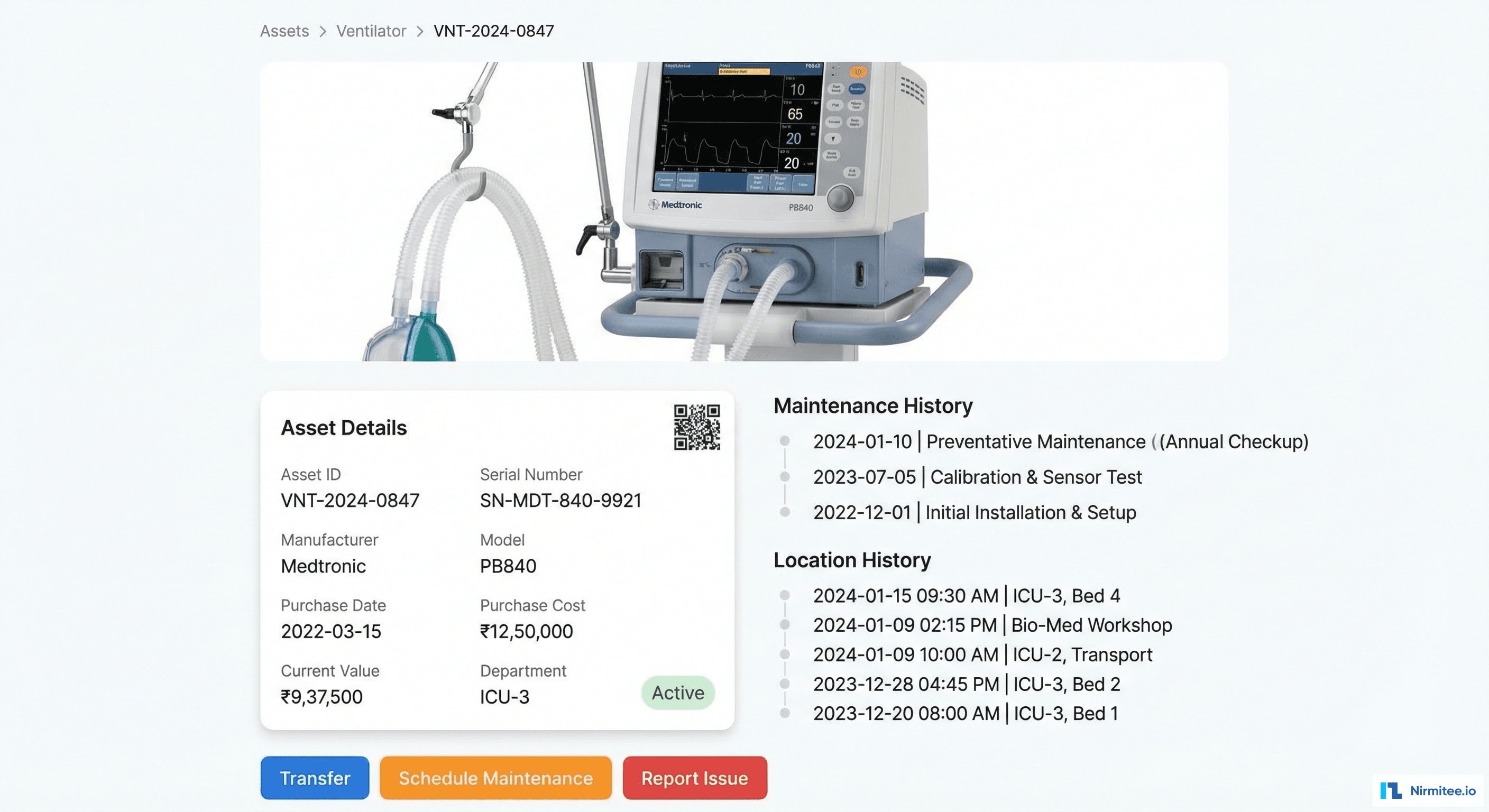 Asset Detail Screen - Full Lifecycle View with Maintenance History