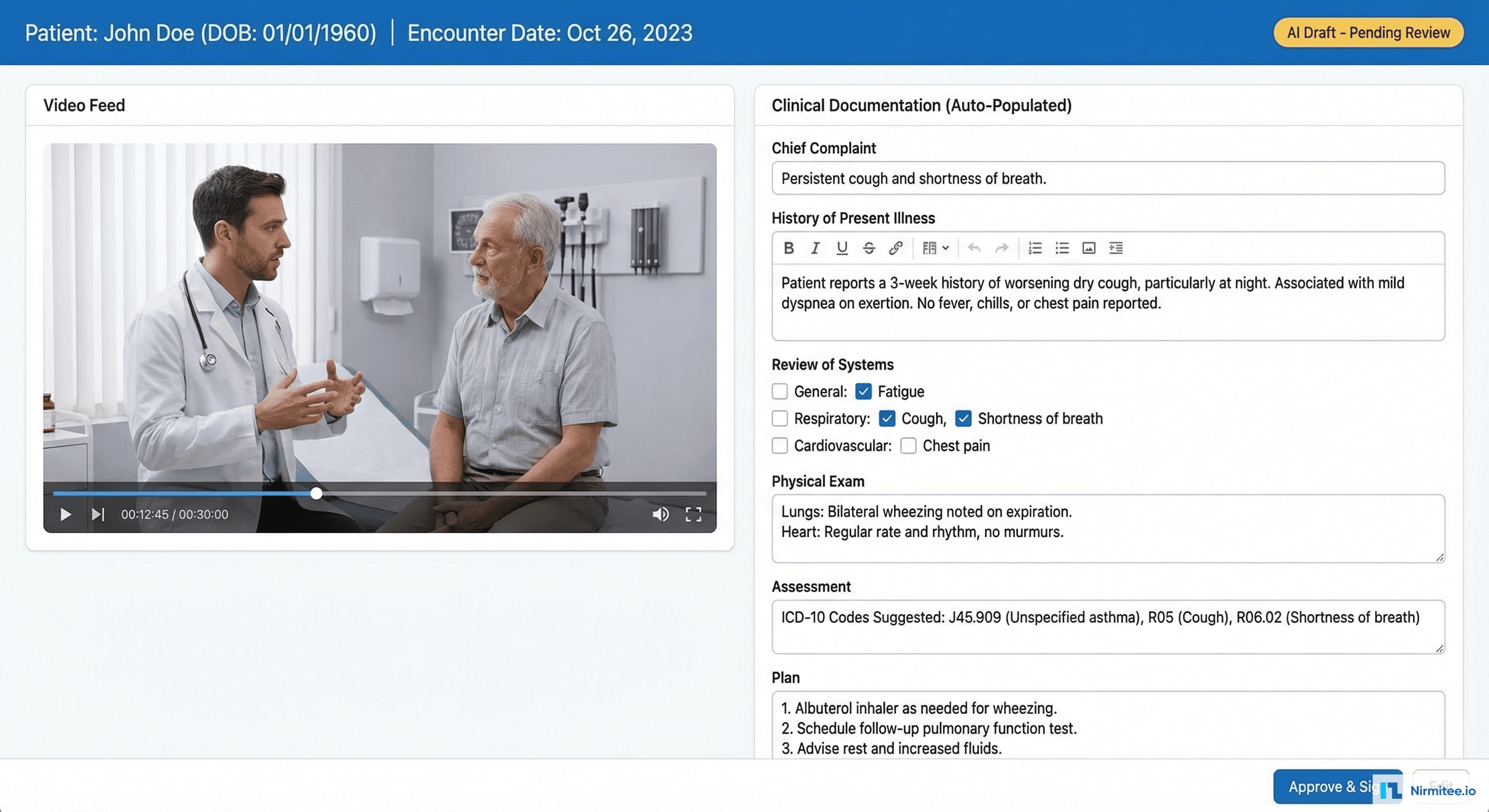Clinical Documentation Interface - Video Playback with Auto-Populated Clinical Form