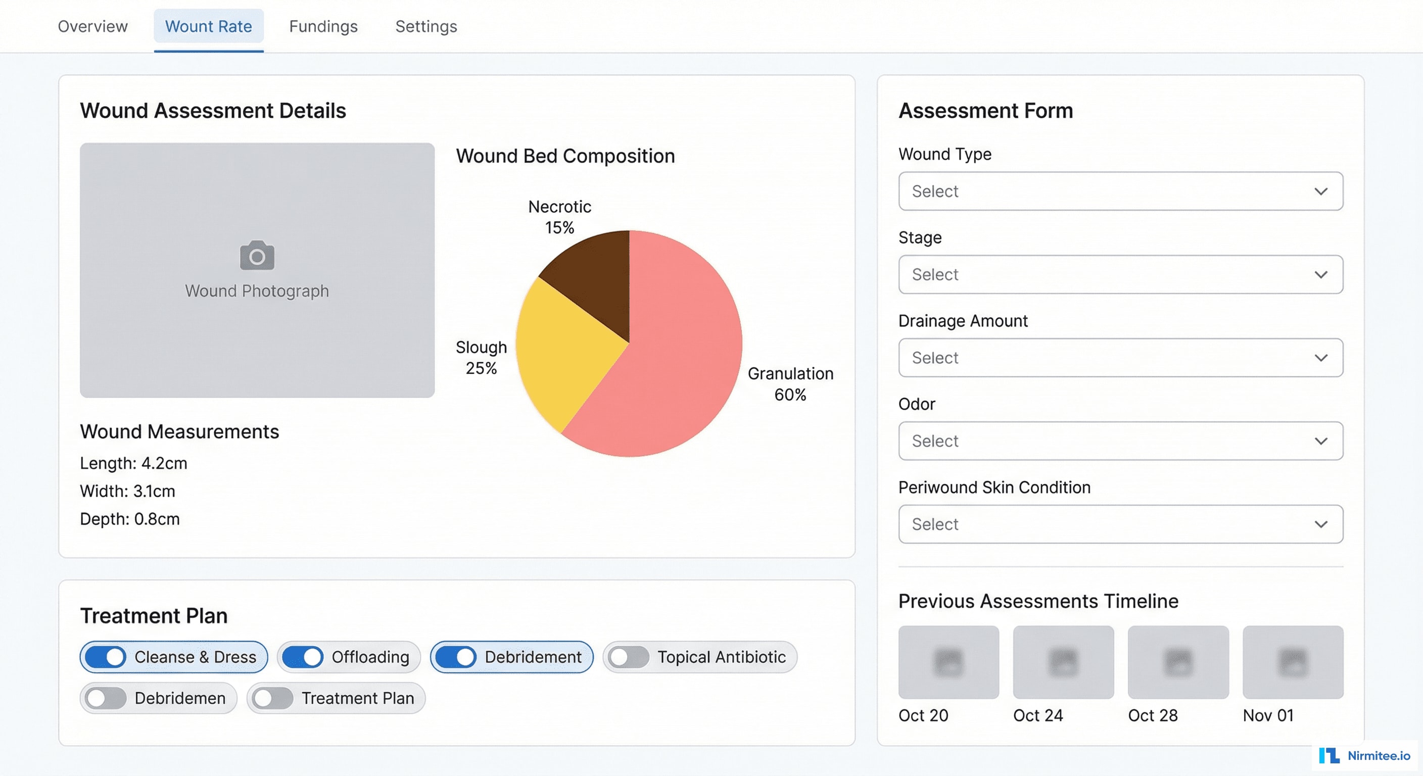 Wound Assessment Detail - Measurements, Composition, Treatment Plan