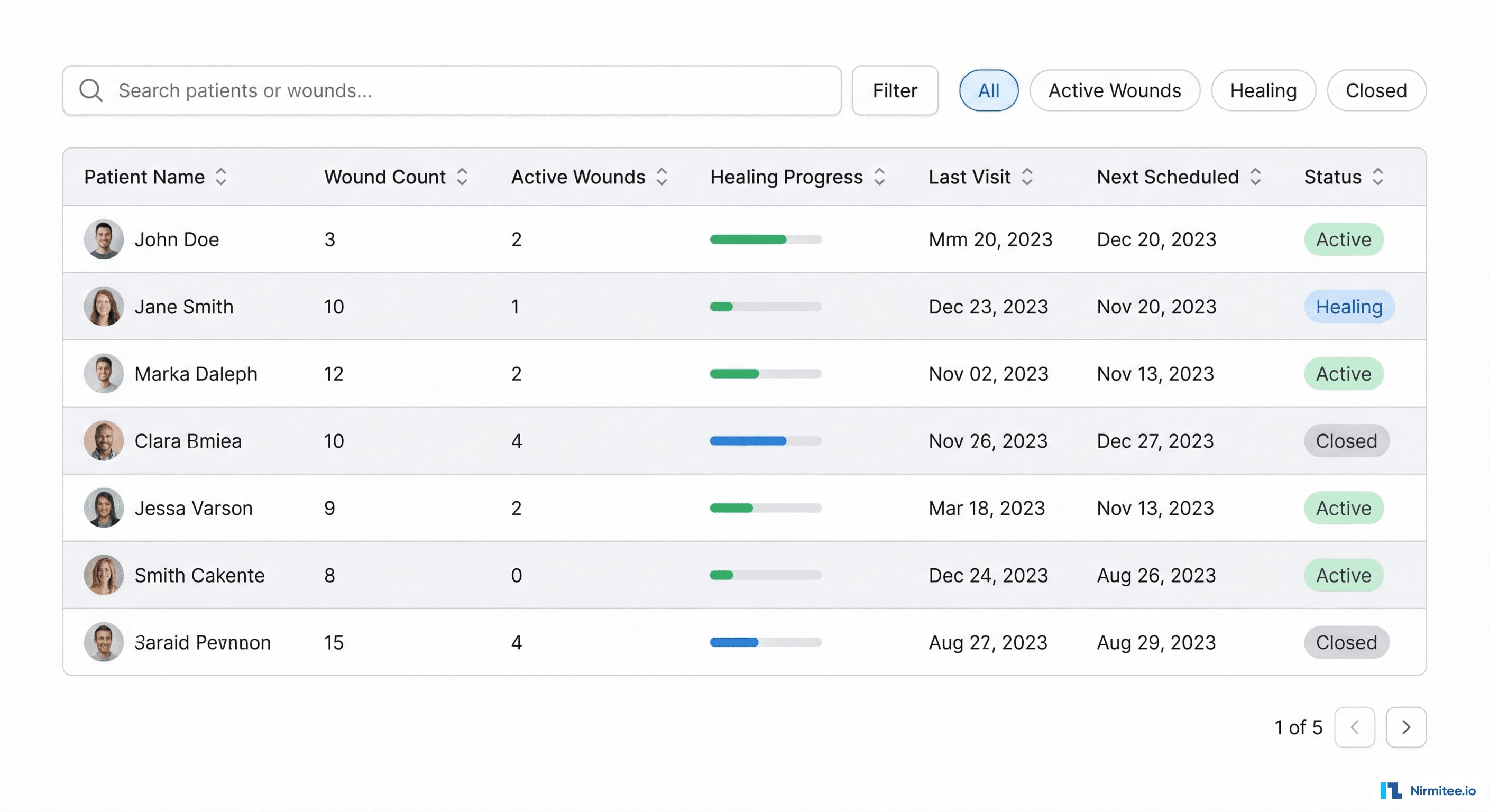Patient List View - Active Wounds, Healing Progress, Scheduling