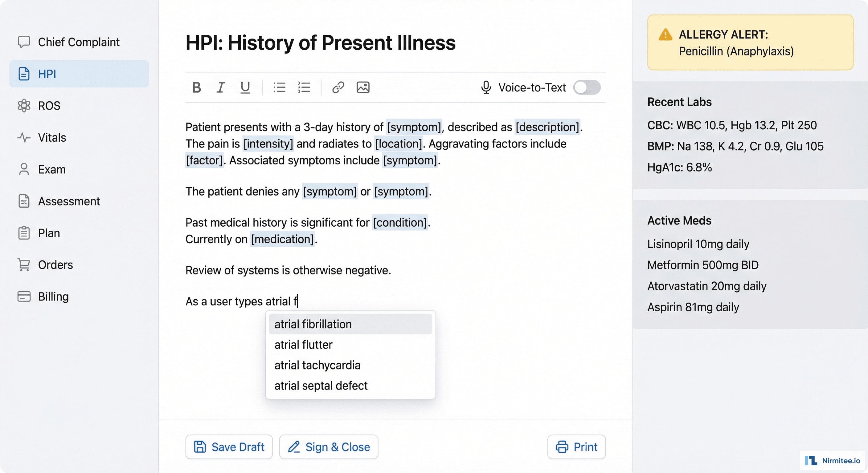 Clinical Encounter Documentation - SOAP Note Editor with Smart Templates