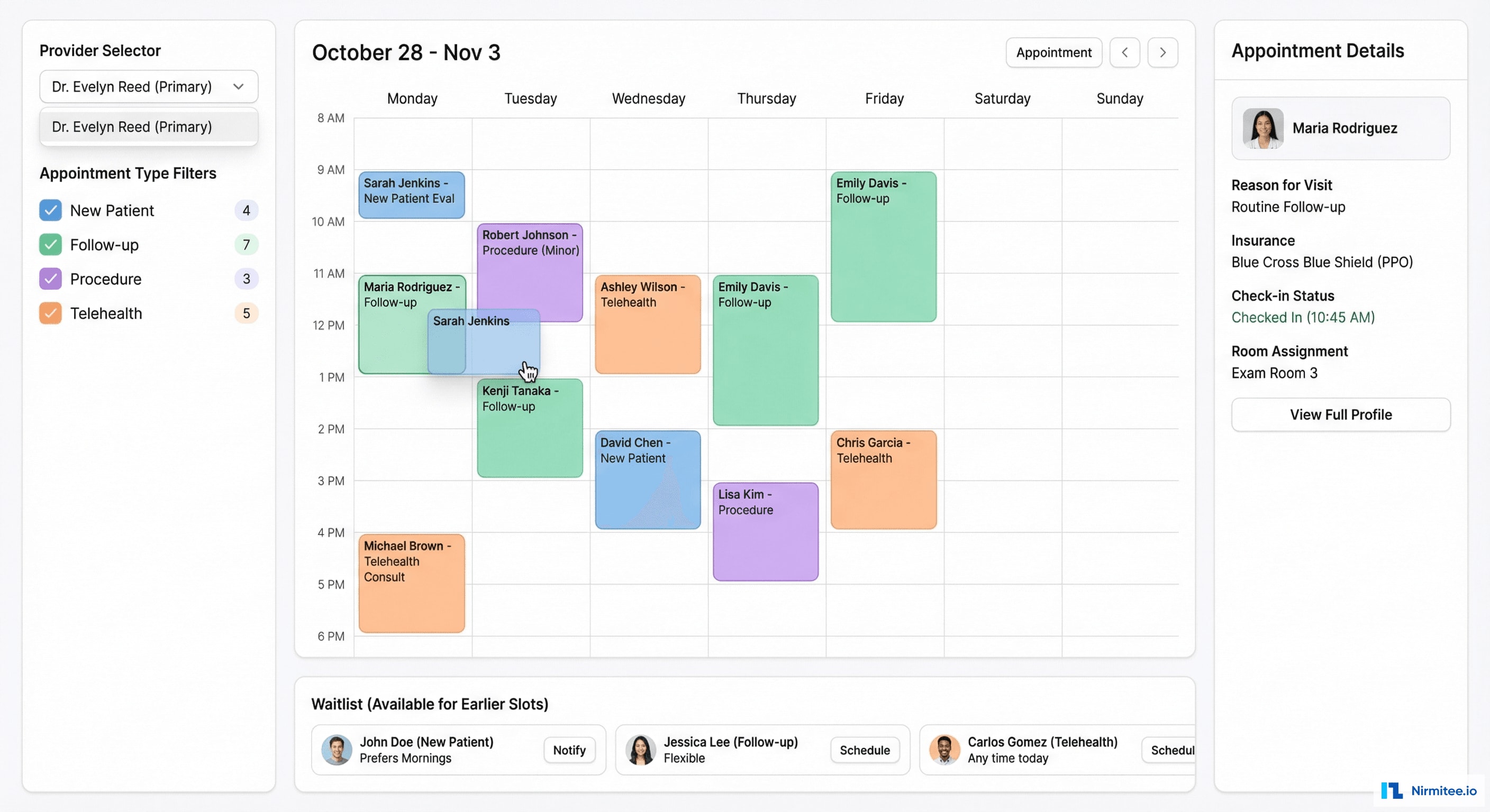 Appointment Scheduling Calendar - Provider View with Color-Coded Visit Types