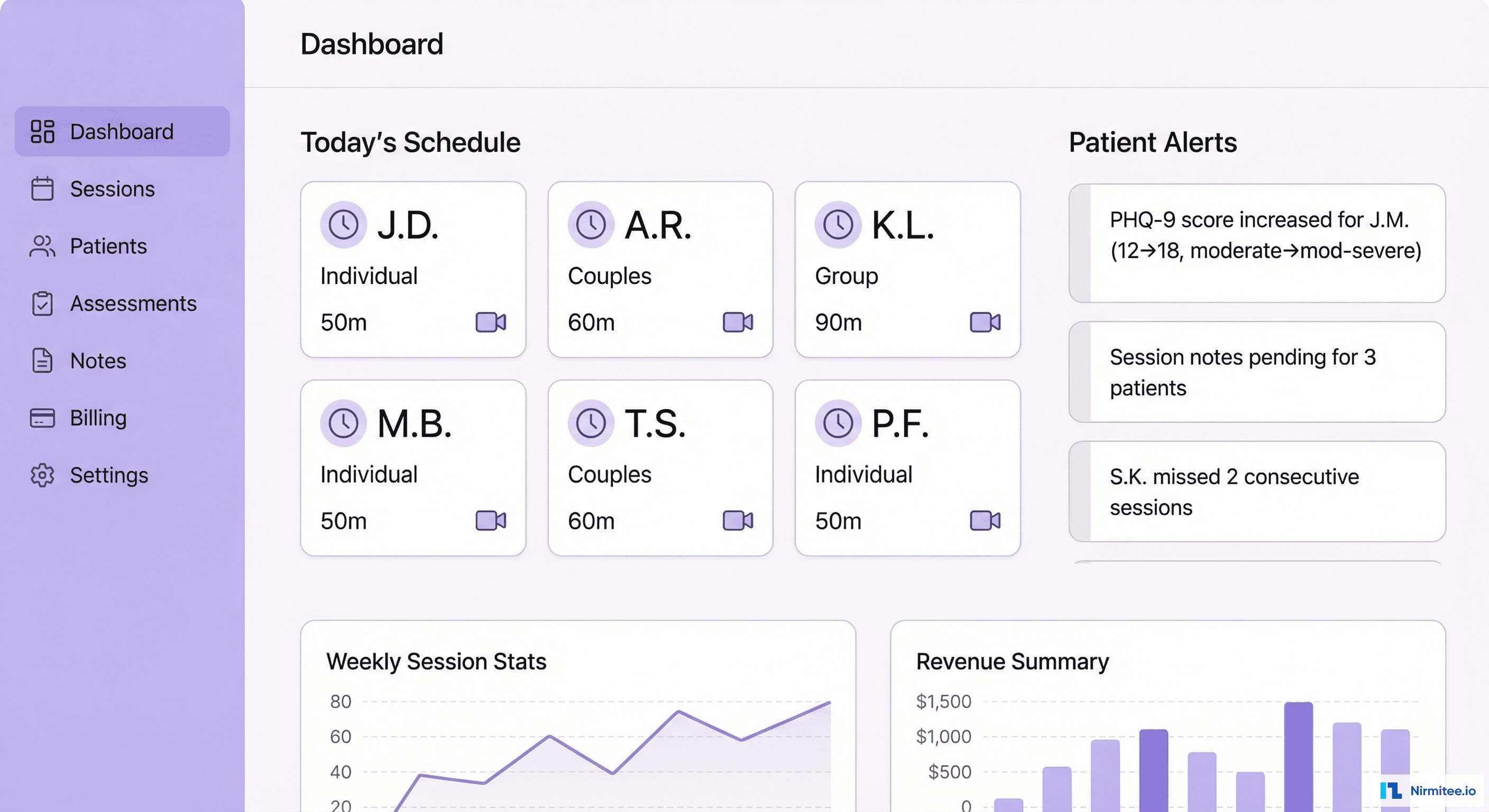 Therapist Dashboard - Session Schedule, Patient Alerts, Practice Analytics