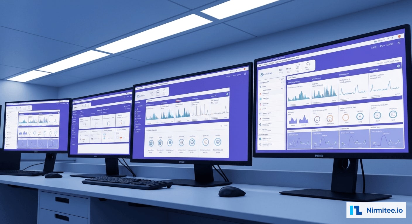 Clinical decision support system dashboard showing real-time EHR alerts in hospital command center