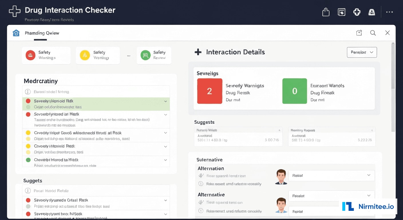 Drug interaction checker interface showing medication list with severity warnings and alternative suggestions