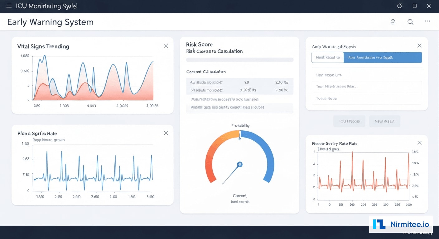 Sepsis early warning system screen showing vital signs trending and risk score calculation