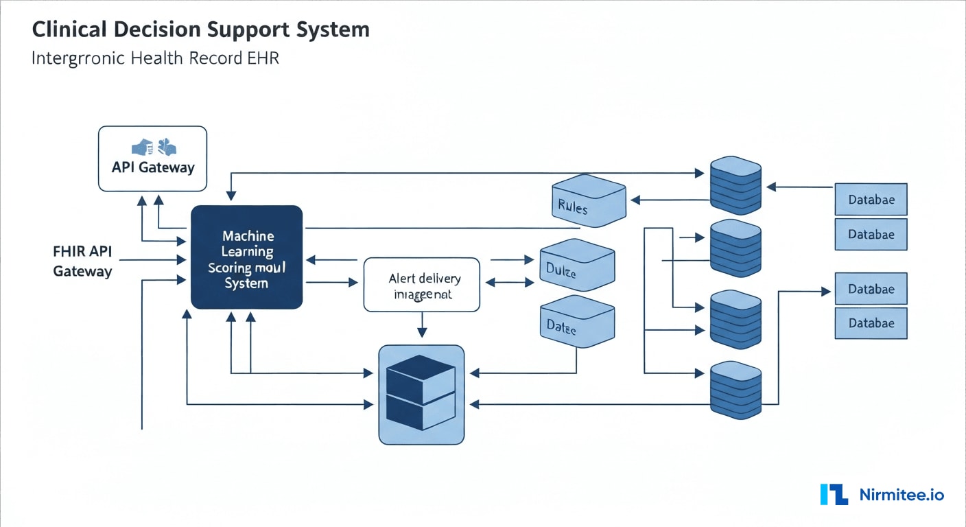 Clinical decision support system architecture diagram showing EHR integration and ML scoring pipeline