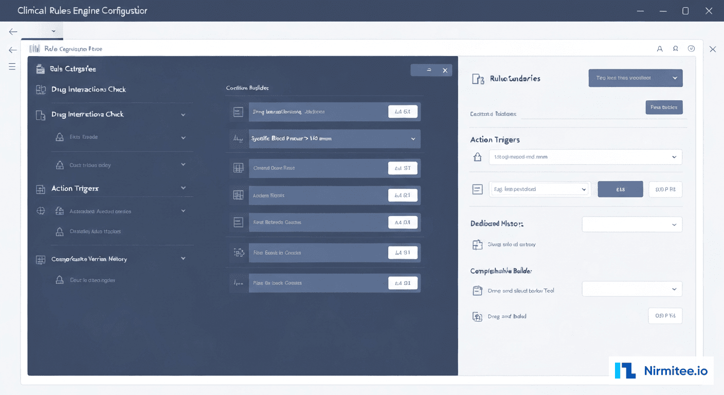 Clinical rules engine configuration interface with rule categories and condition builders