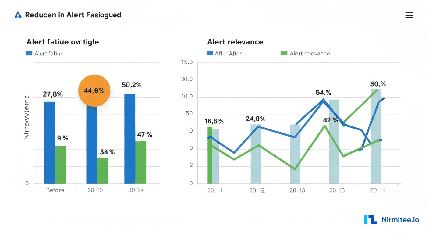 Alert fatigue reduction chart showing before and after comparison with 60 percent improvement