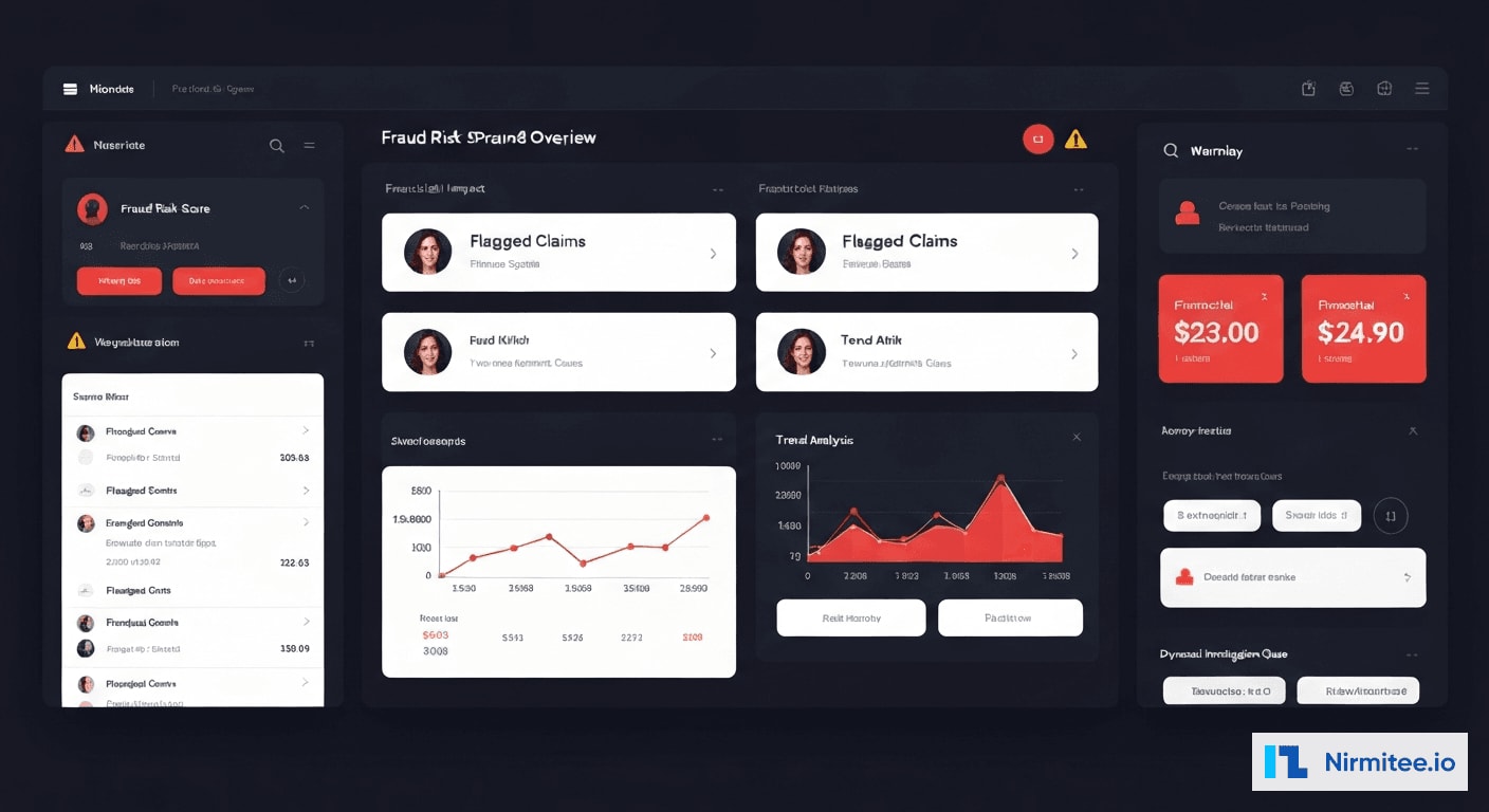 Healthcare fraud detection dashboard showing risk scores flagged claims and financial impact summary