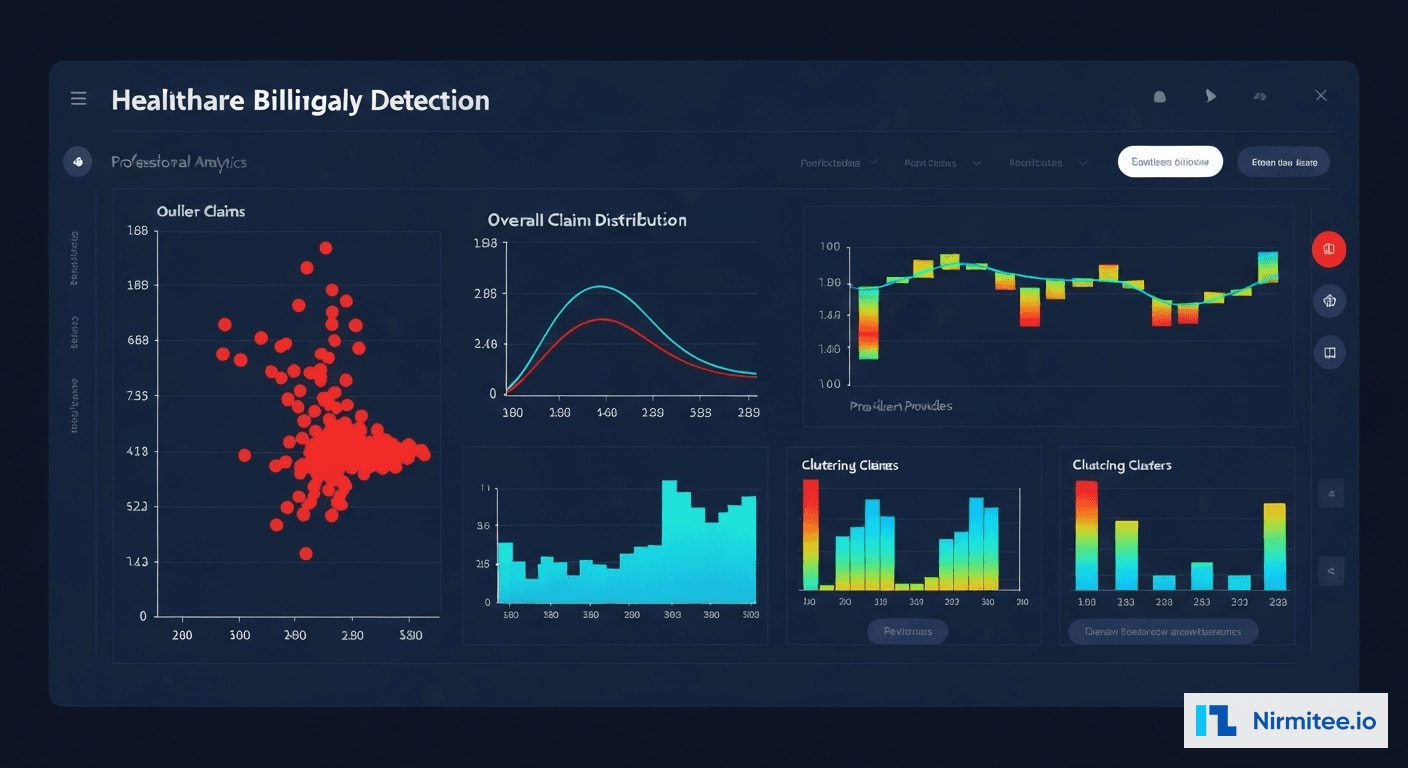 Billing anomaly detection visualization with scatter plots highlighting outlier claims and statistical distributions