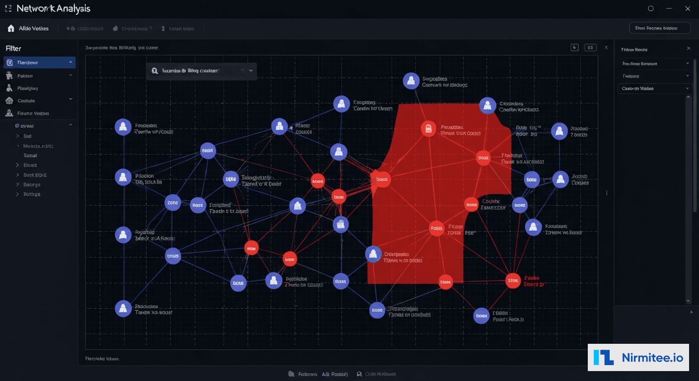 Network graph analysis showing connected provider patient facility relationships with suspicious clusters highlighted