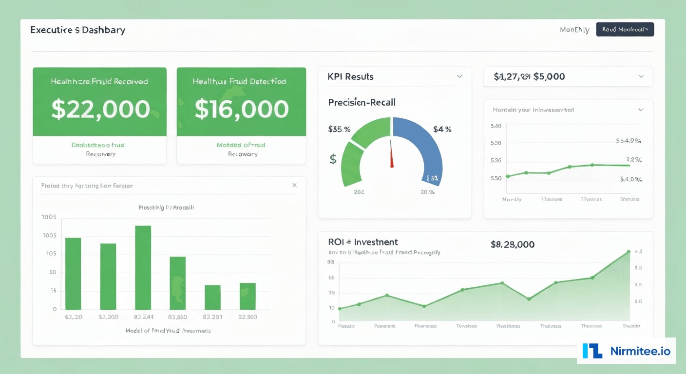 Fraud detection results dashboard showing recovered amounts precision metrics and ROI