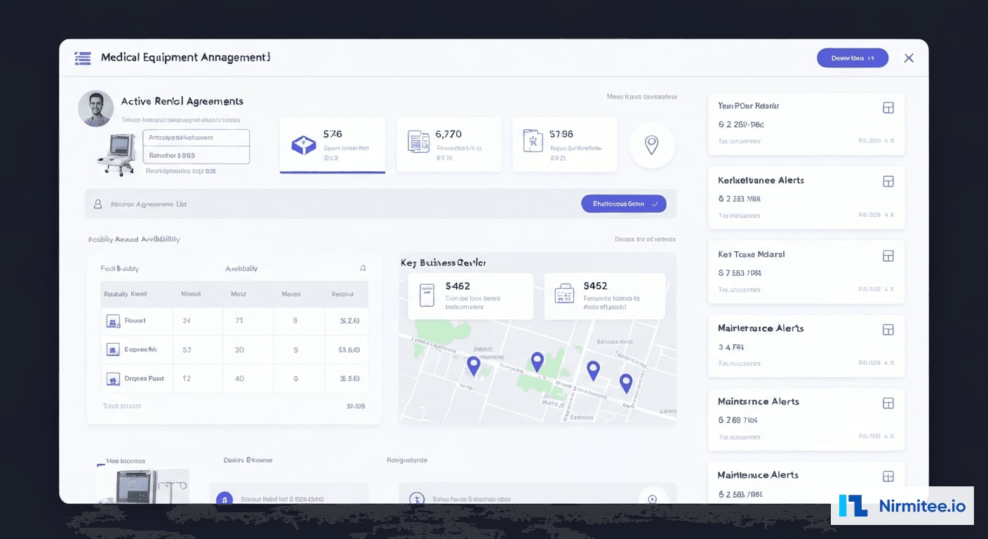 Rental management dashboard showing active agreements equipment availability and revenue metrics