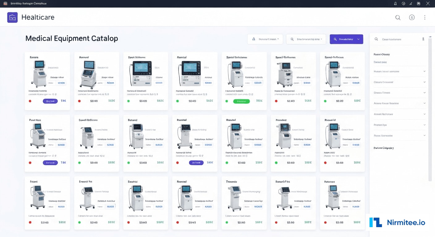 Medical equipment catalog interface with device specifications rental pricing and availability status