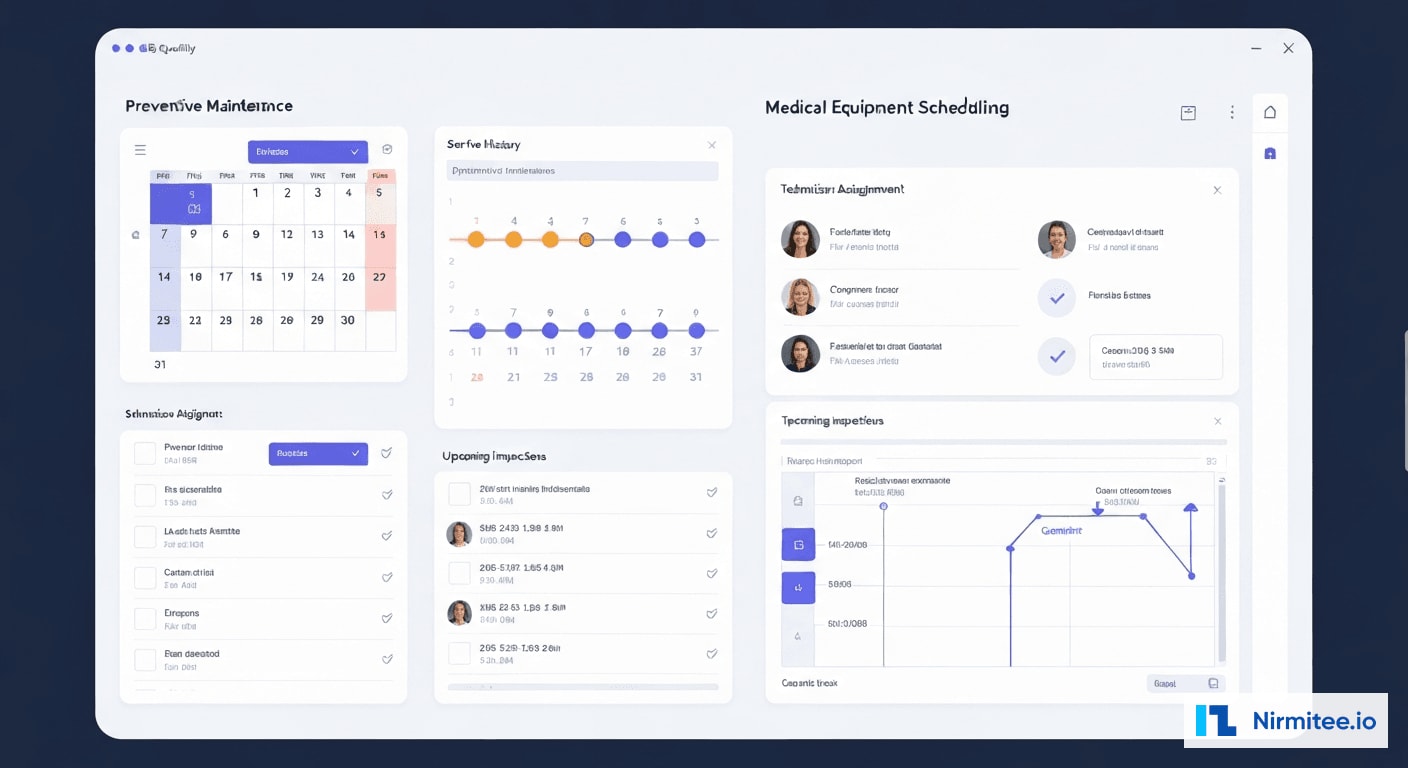 Equipment maintenance scheduling calendar with preventive tasks service history and technician assignments