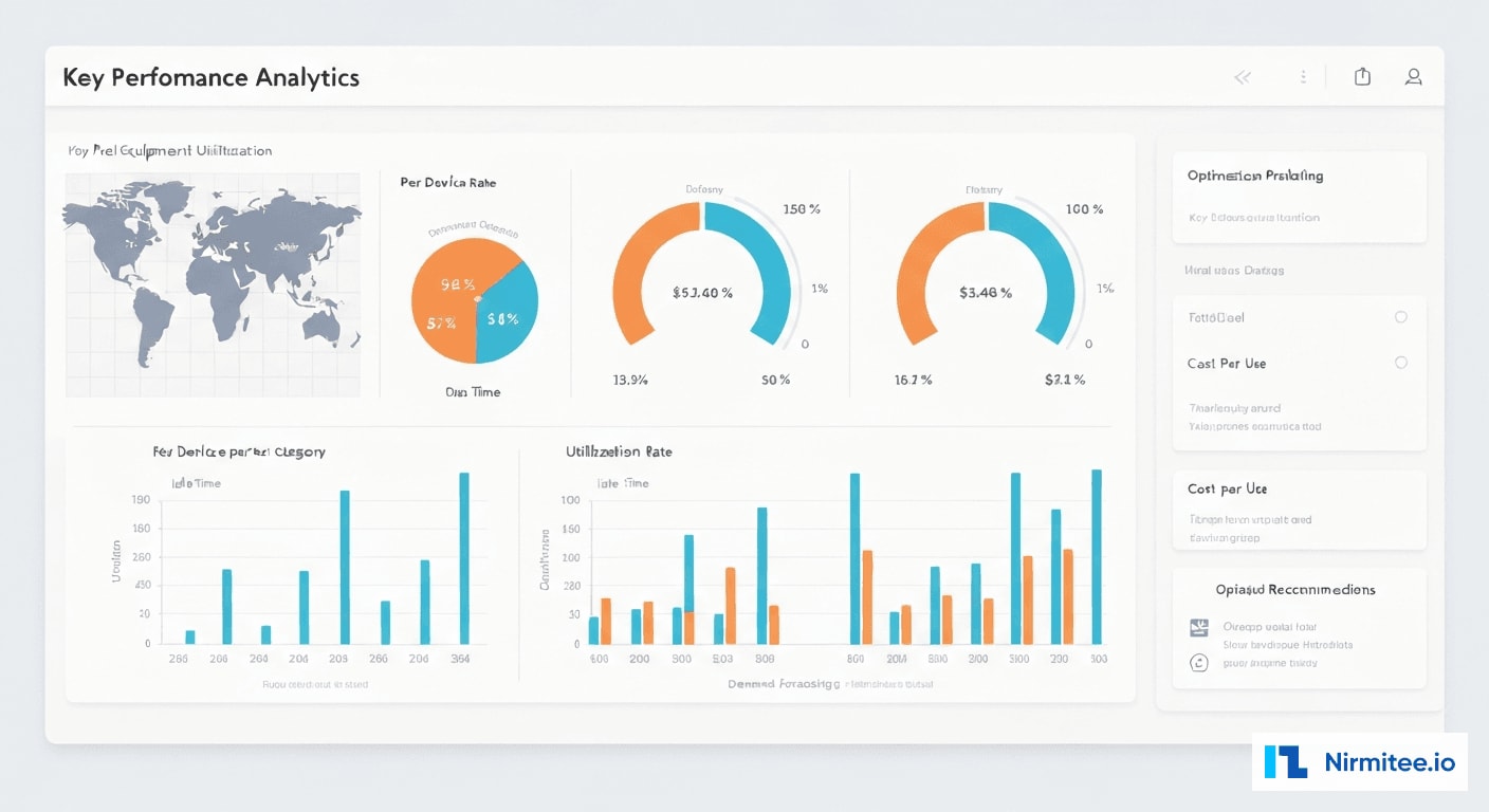 Equipment utilization analytics dashboard with heat maps by facility and demand forecasting charts