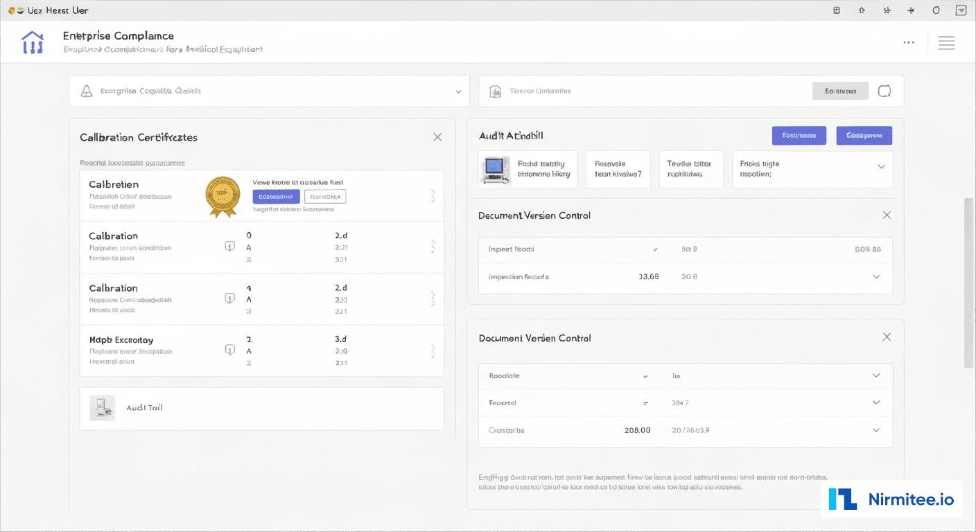 Compliance documentation management showing regulatory checklists calibration certificates and audit trail