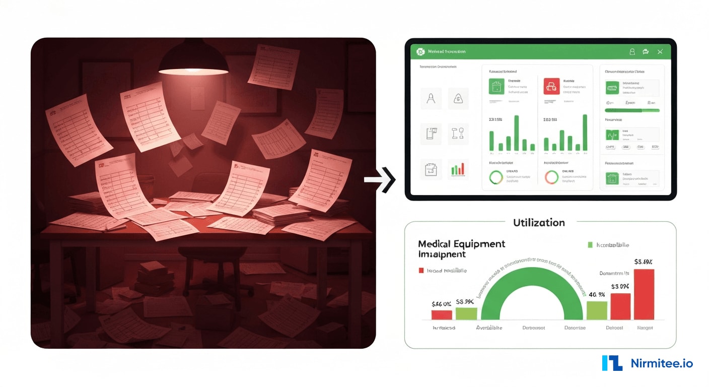 Before and after comparison showing equipment management transformation from manual to automated