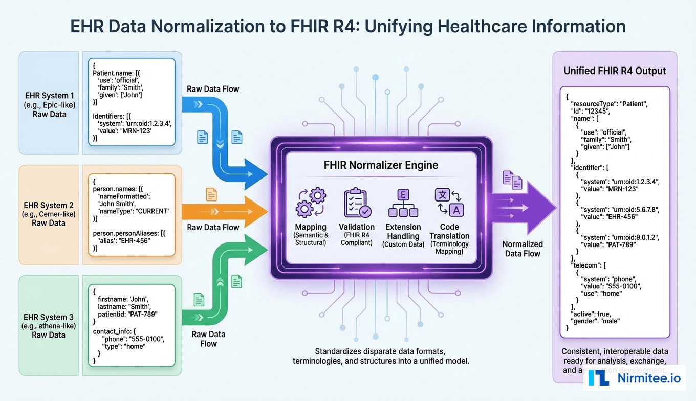 Data Normalization Visualization - Three EHR Formats Unified into FHIR R4