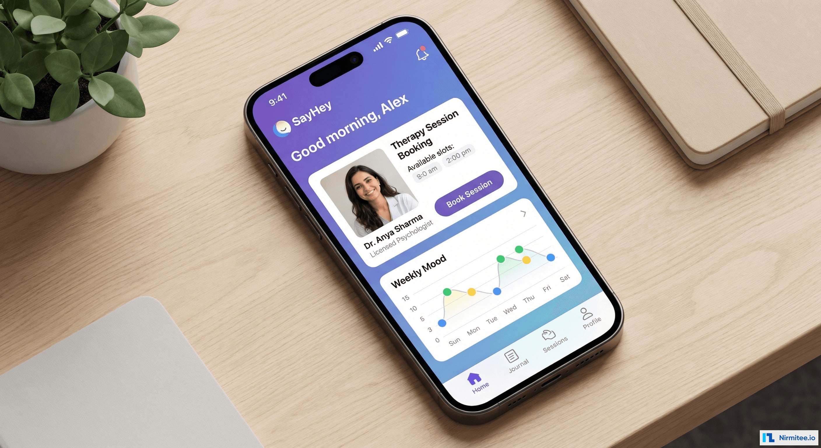 SayHey Mental Health App - Therapy session booking and mood tracking on iPhone with calming purple design