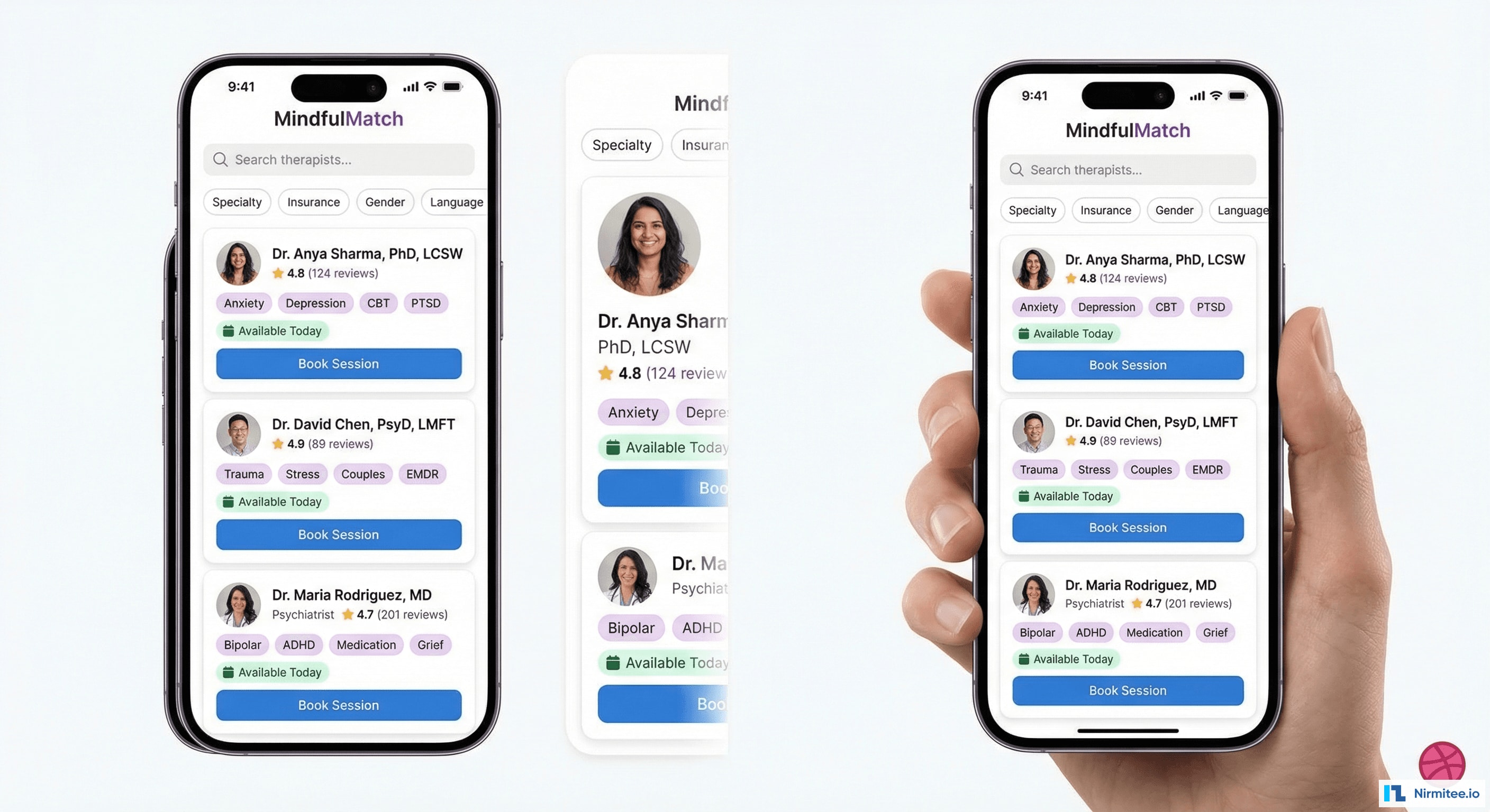 SayHey therapist matching screen - Therapist profiles with specialties, ratings, and availability on iPhone