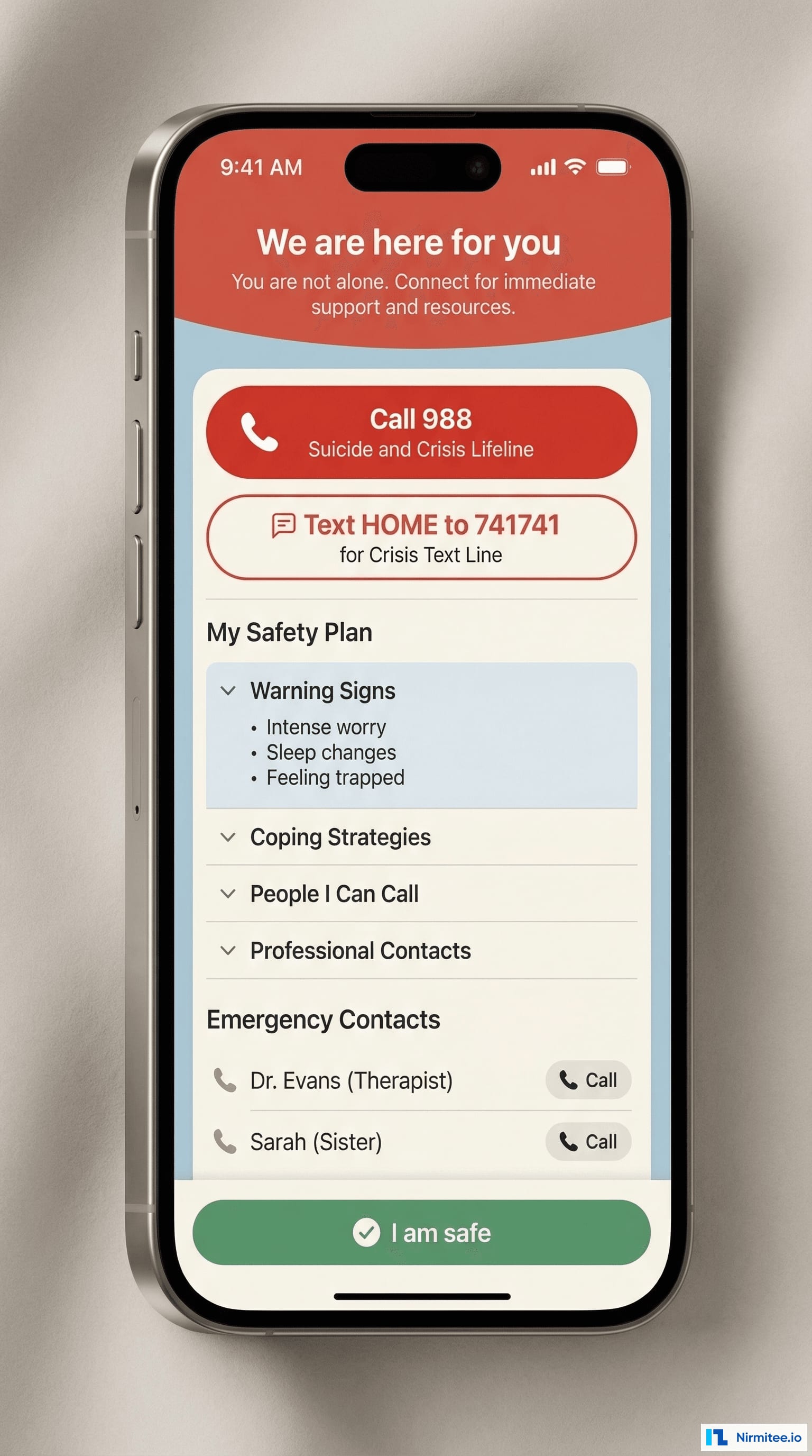 SayHey crisis safety features - Crisis detection screen with 988 Lifeline button and safety plan on iPhone