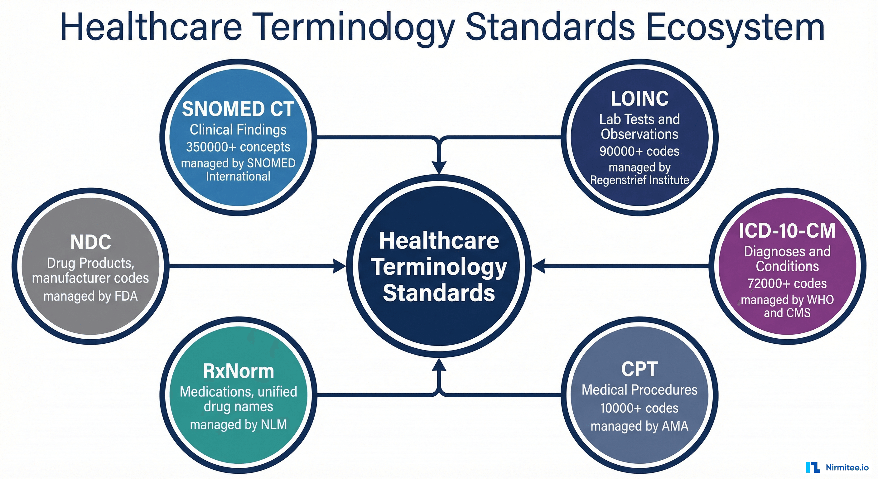 Healthcare terminology standards ecosystem showing SNOMED CT LOINC ICD-10 CPT RxNorm and NDC with what each codes and governing organizations
