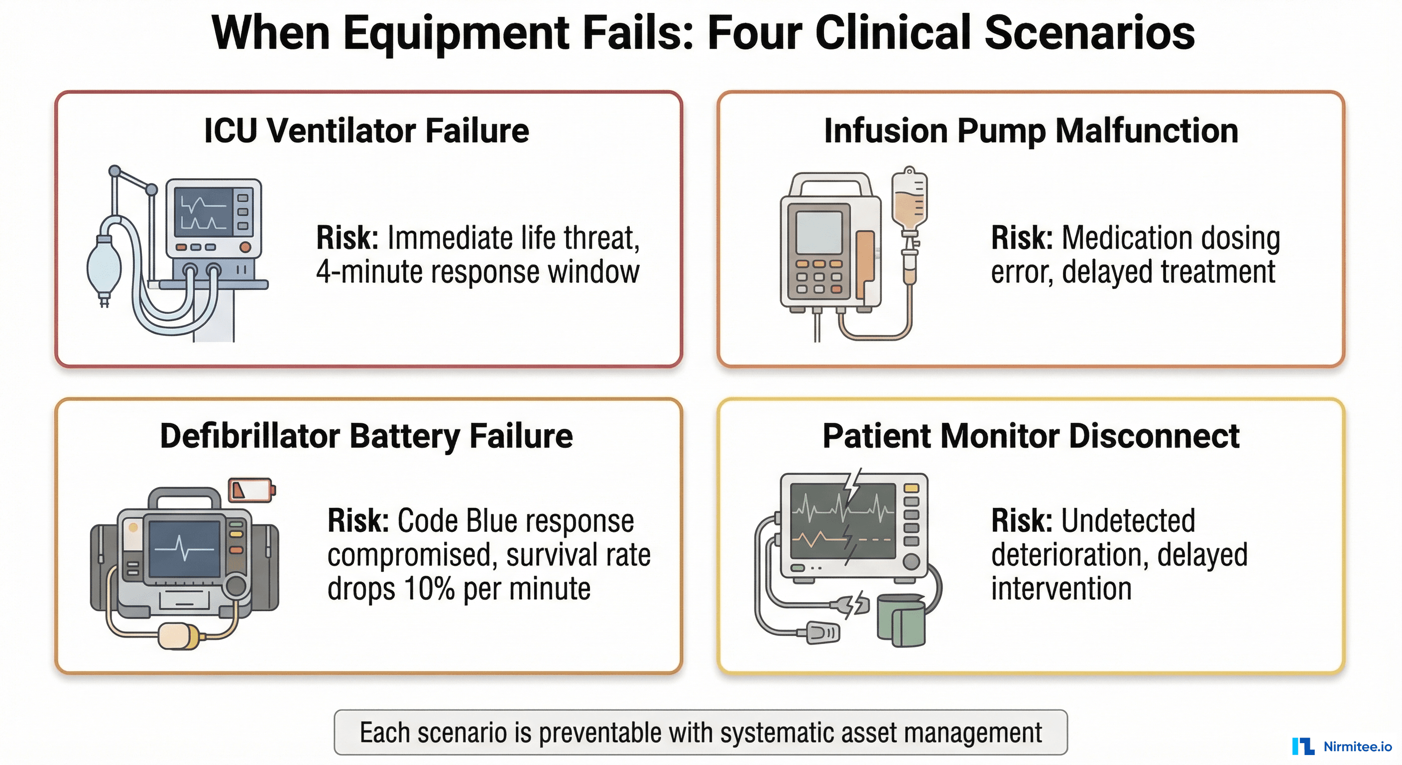 Four clinical scenarios where equipment failure threatens patient safety - ICU ventilator failure with 4-minute response window, infusion pump malfunction causing dosing errors, defibrillator battery failure compromising Code Blue response, and patient monitor disconnect leading to undetected deterioration