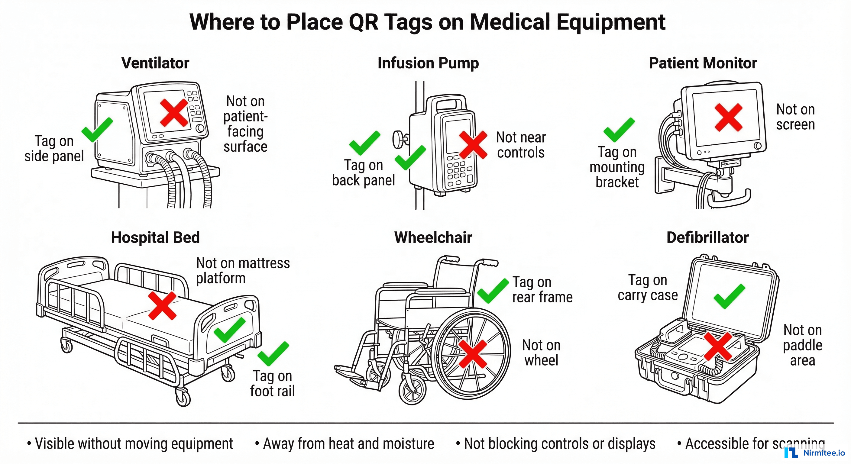QR label placement guide showing correct and incorrect placement locations on six types of medical equipment
