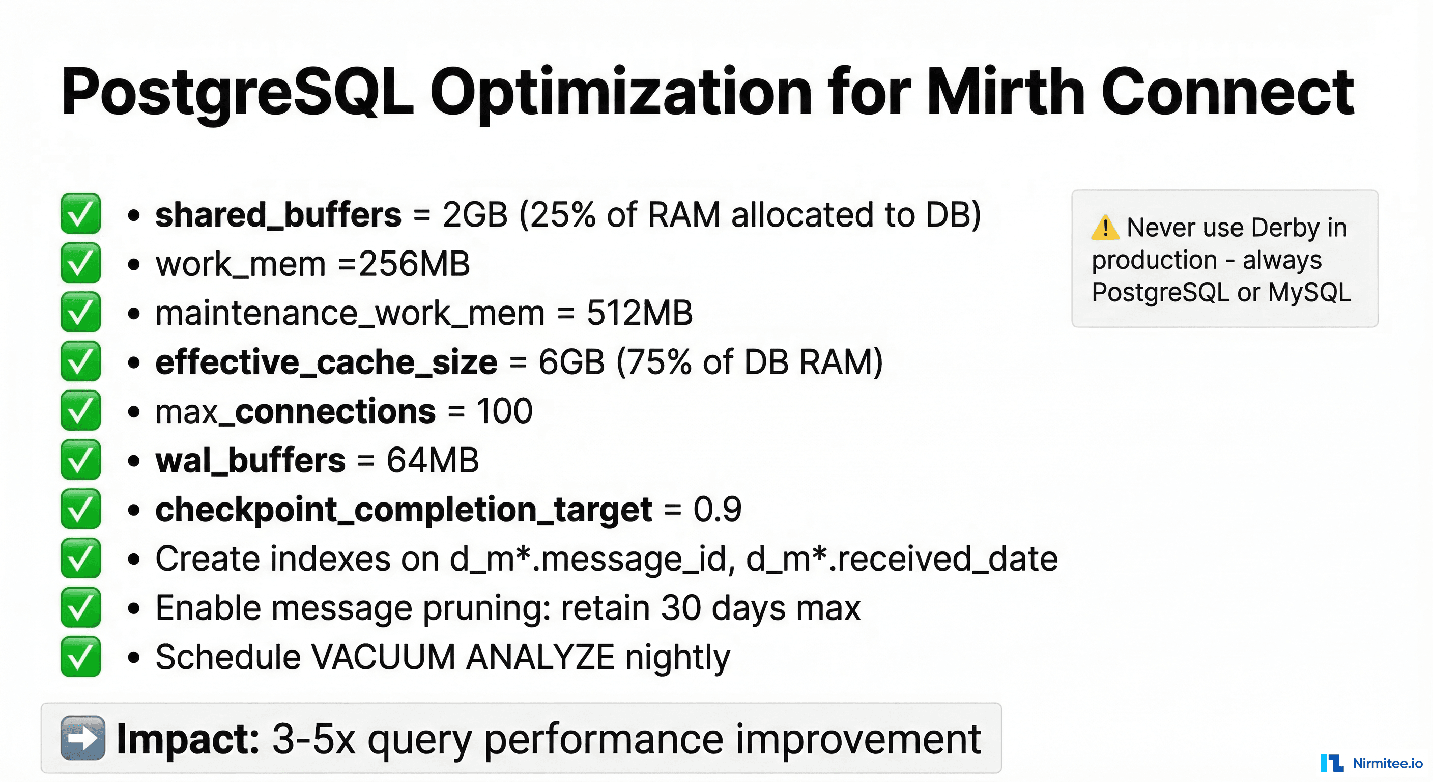 PostgreSQL optimization checklist for Mirth Connect with specific configuration values and their impact