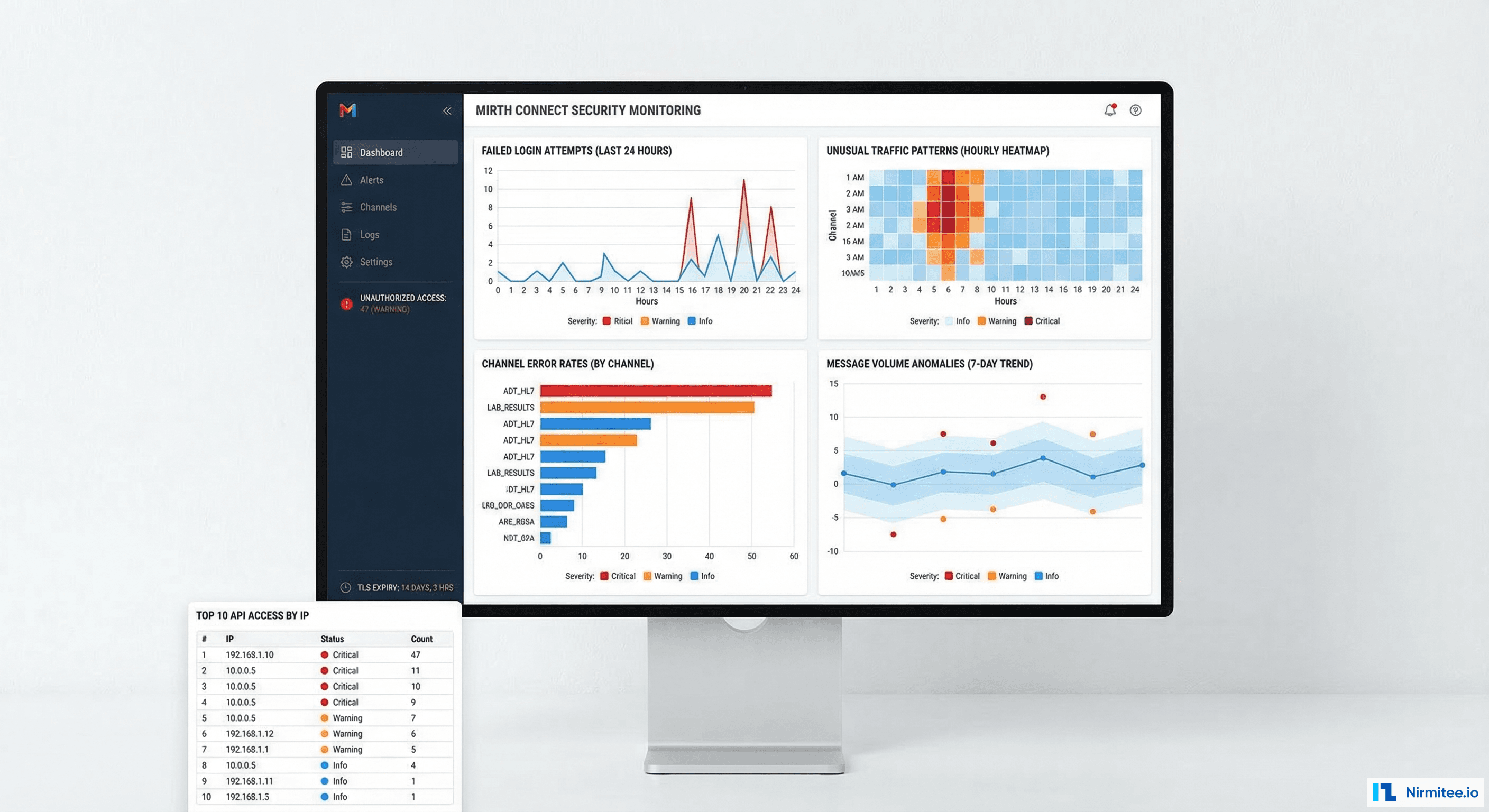 Security monitoring dashboard showing alert types and severity levels for Mirth Connect