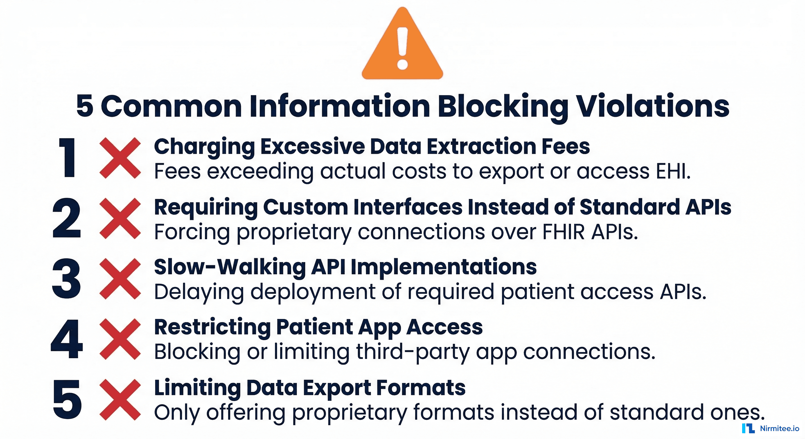 Five common information blocking violations with red X marks