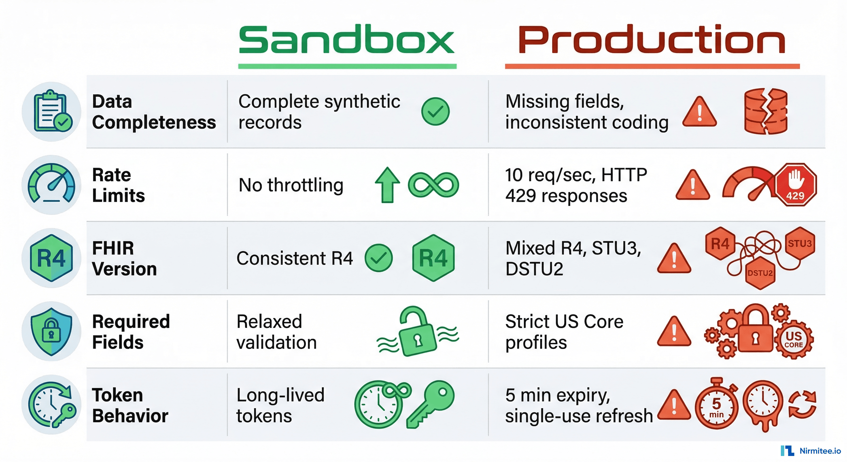 Comparison chart showing differences between SMART on FHIR sandbox and production environments across five categories