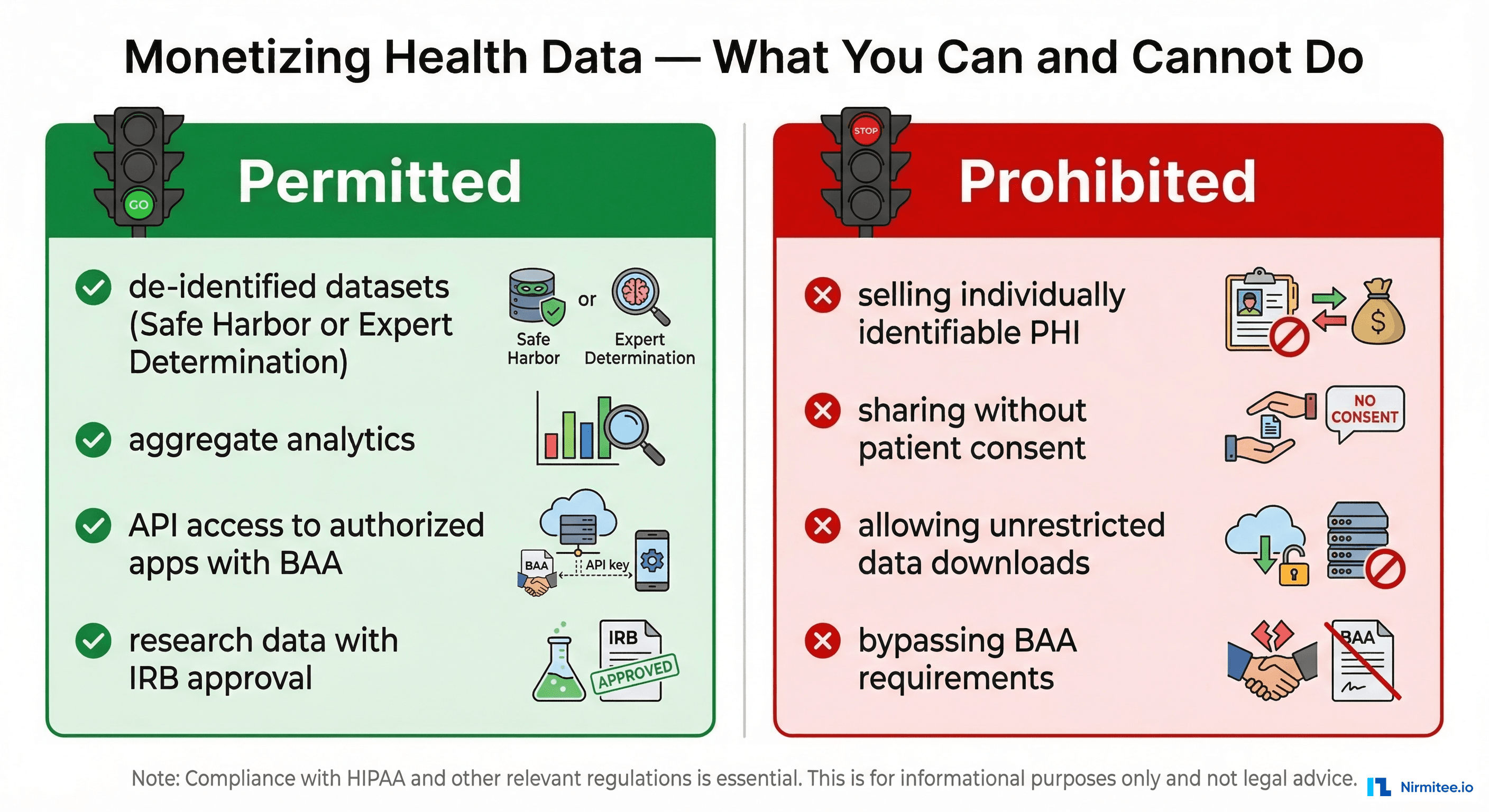 Compliance guardrails for monetizing health data: permitted vs prohibited activities under HIPAA