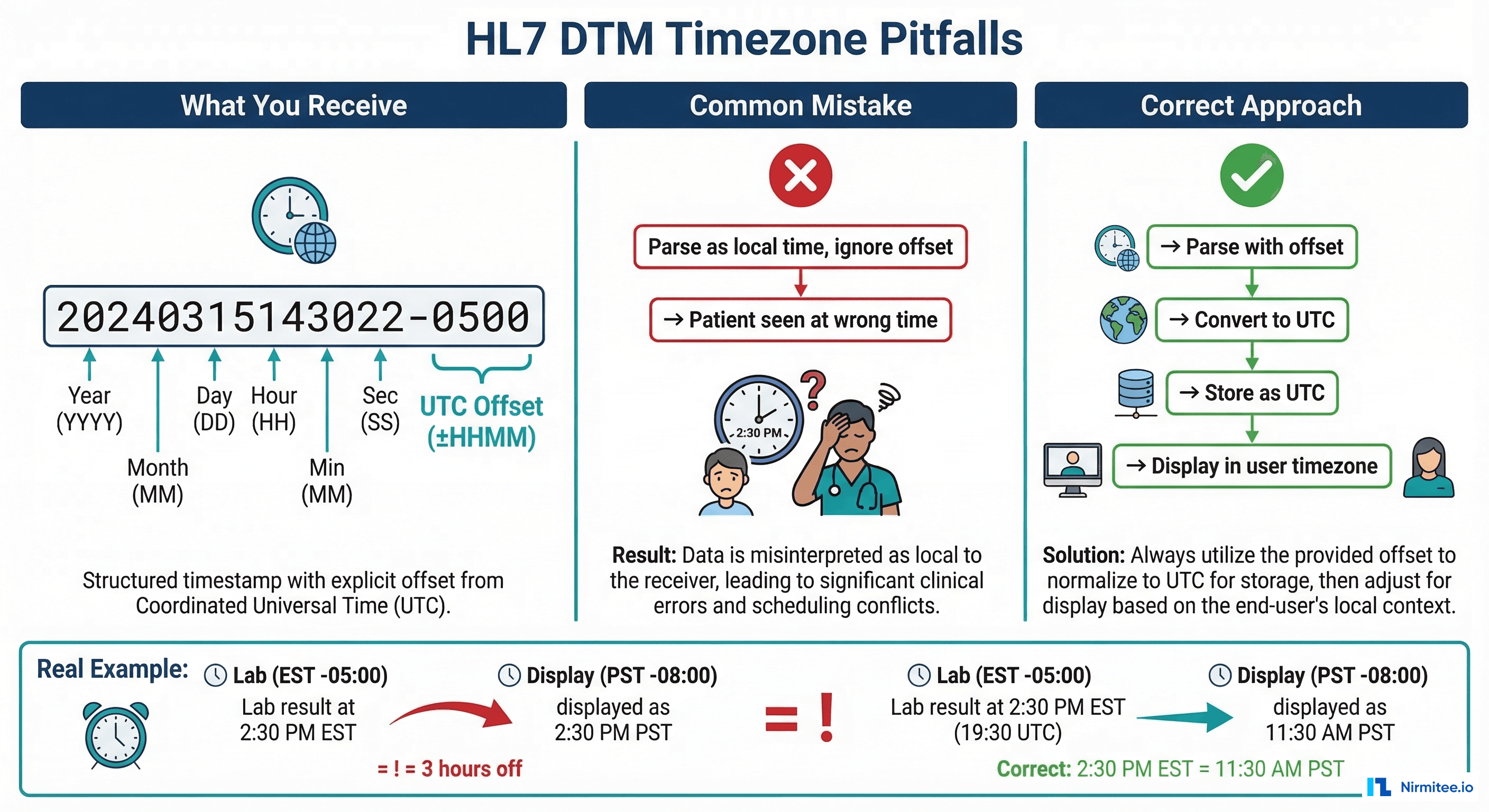 HL7 DTM timezone handling pitfalls and correct UTC conversion approach
