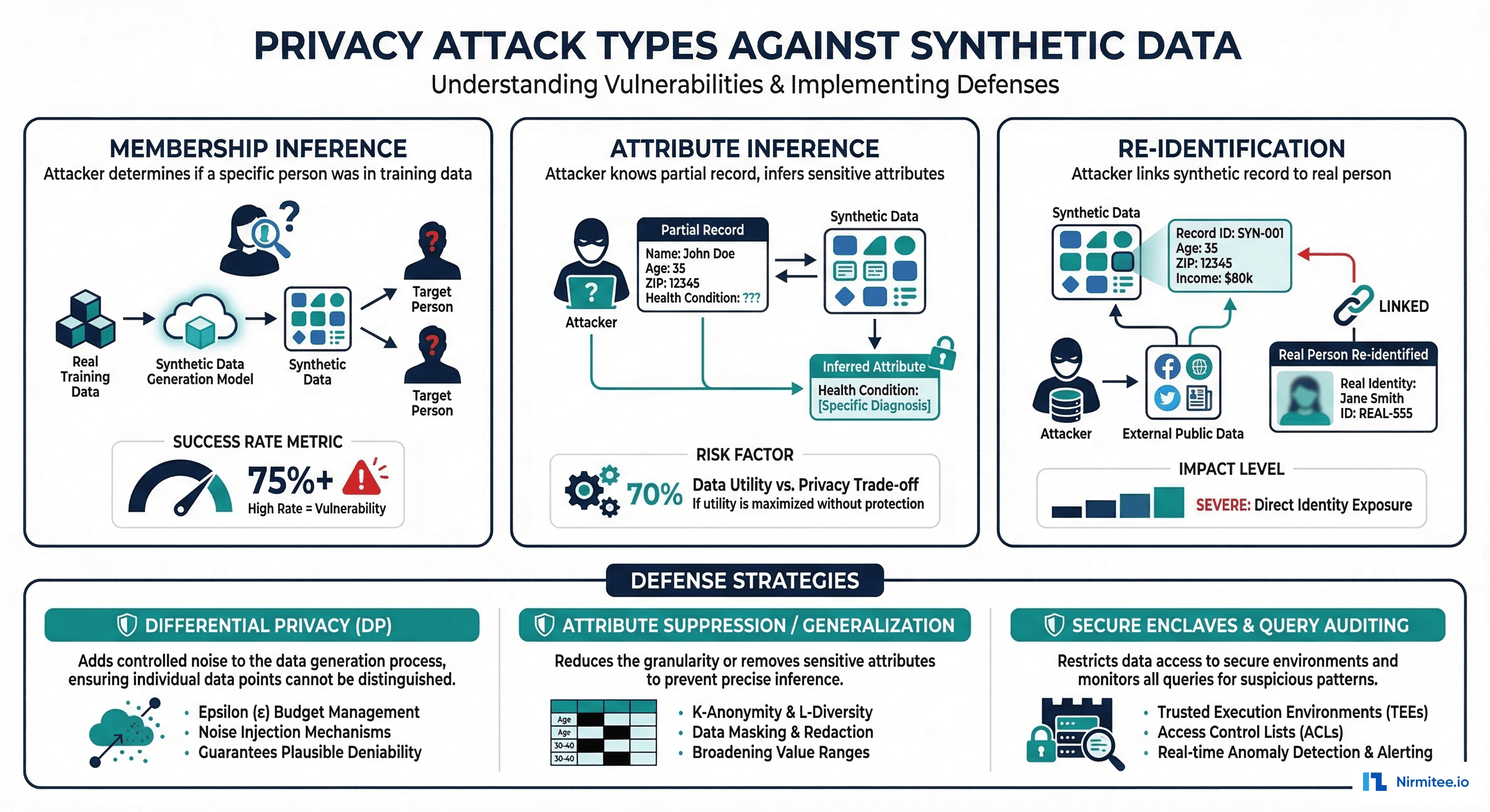 Privacy attack types against synthetic data and defense strategies