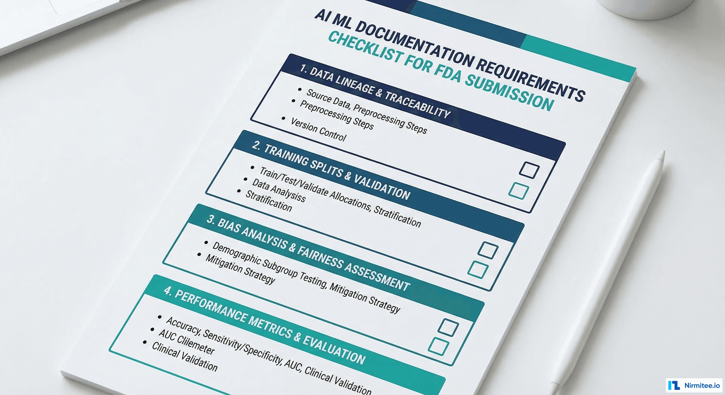 AI/ML documentation requirements for FDA submission: data lineage, training splits, bias analysis