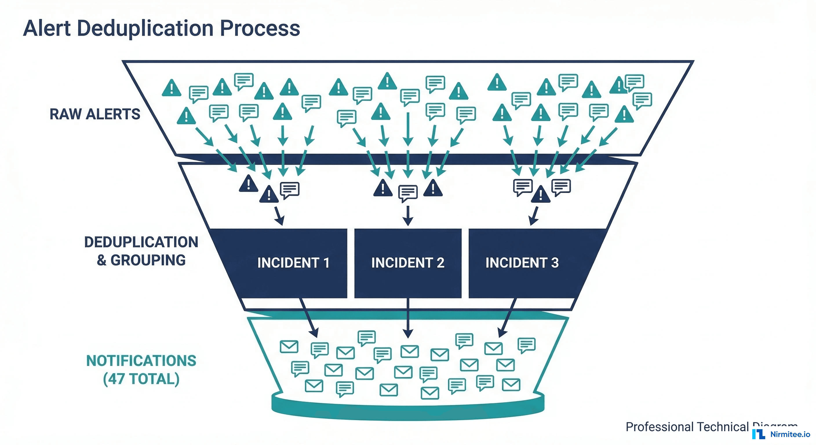 Alert deduplication diagram showing 47 separate notifications grouped into 3 actionable incidents