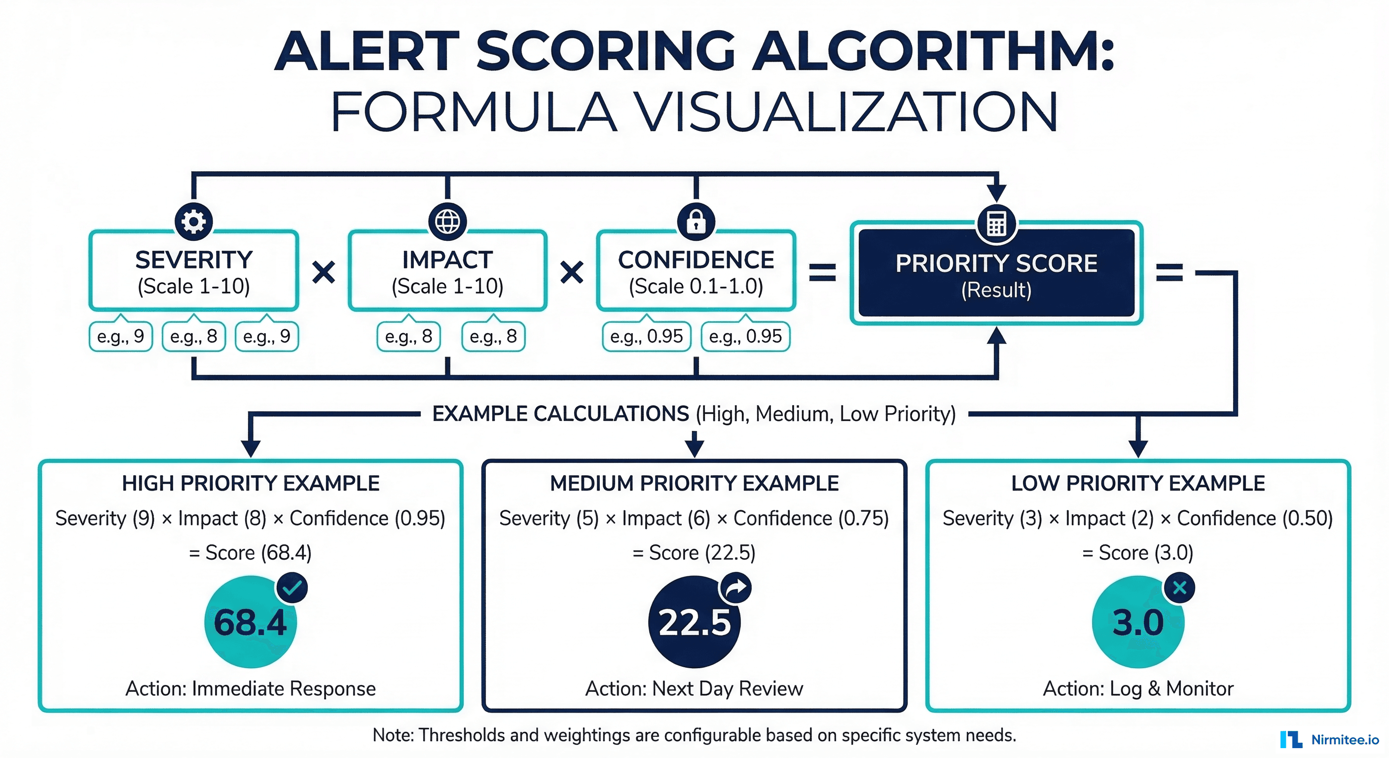 Alert scoring algorithm showing severity times impact times confidence equals priority score