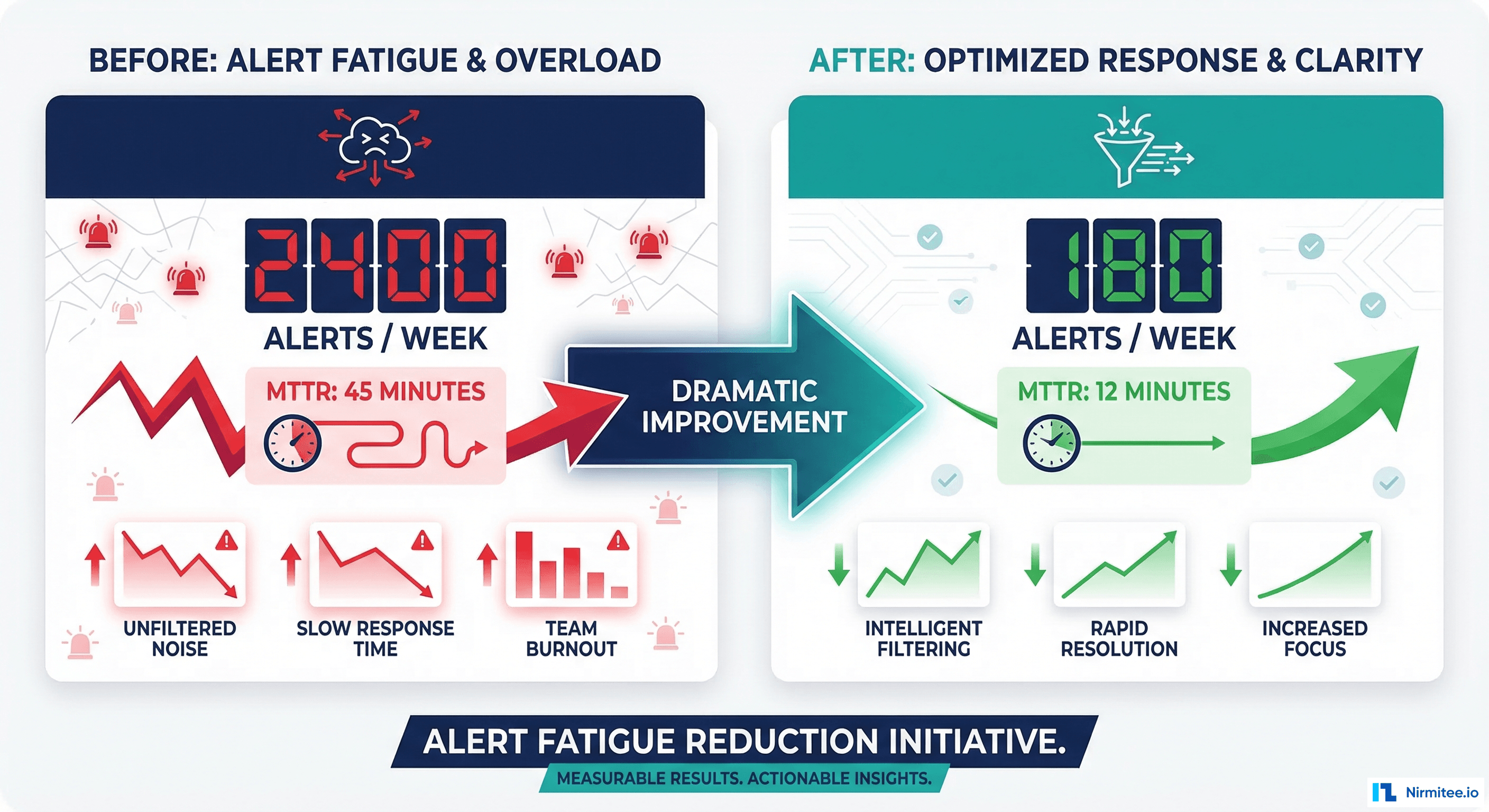 Before and after metrics showing alert reduction from 2400 per week to 180 per week with improved MTTR
