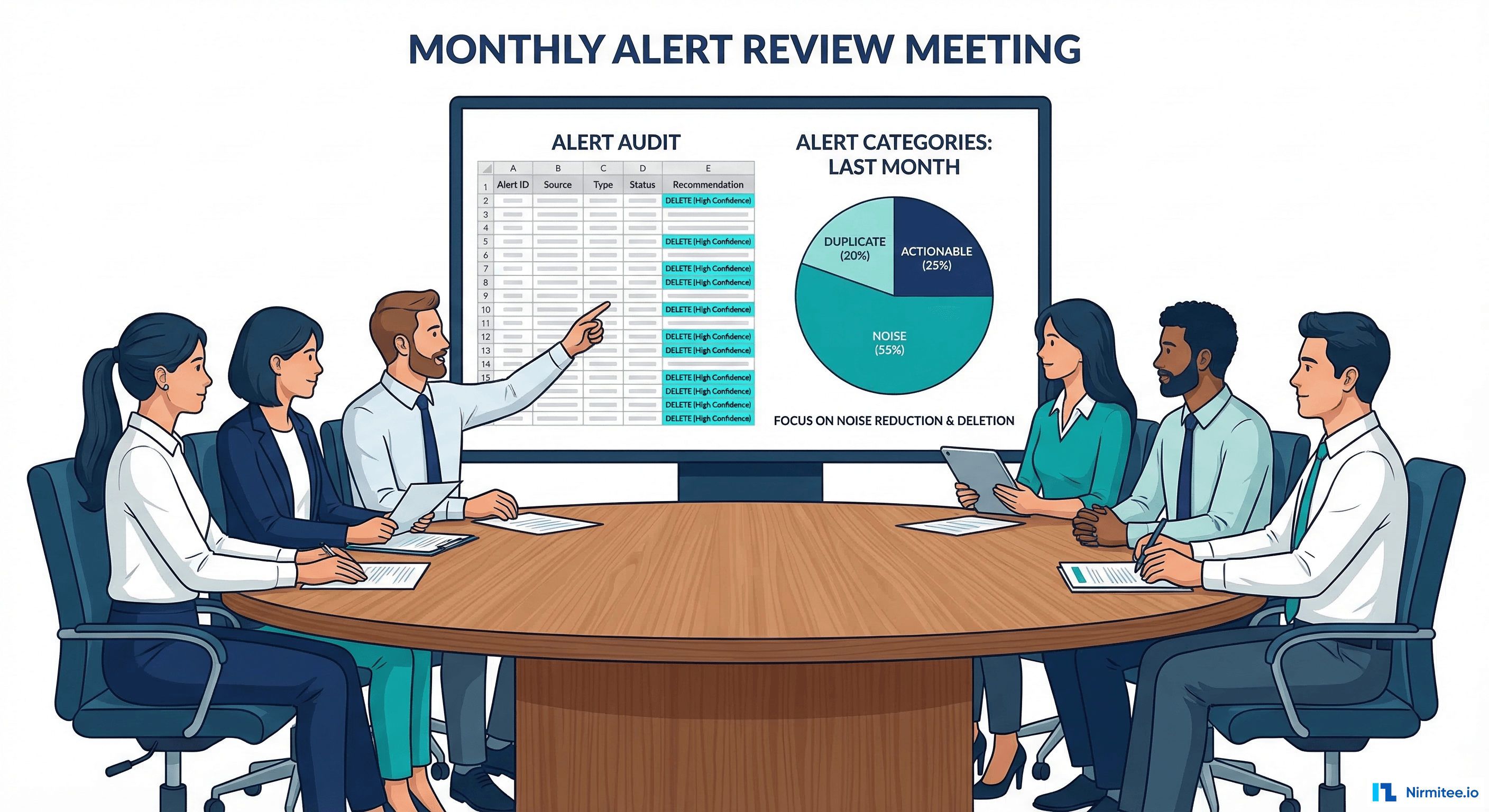 Monthly alert review meeting showing team auditing alert categories for actionability