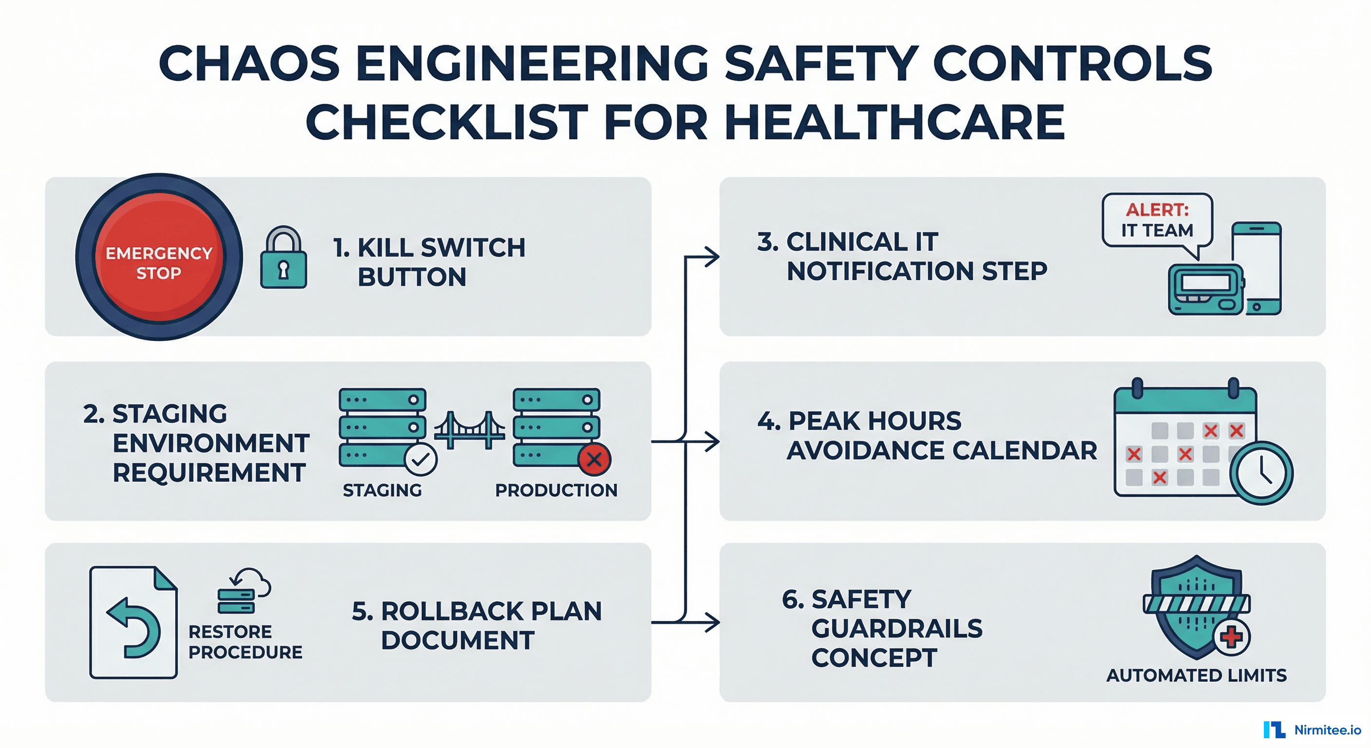 Chaos engineering safety controls for healthcare including kill switch, staging requirement, and clinical notification