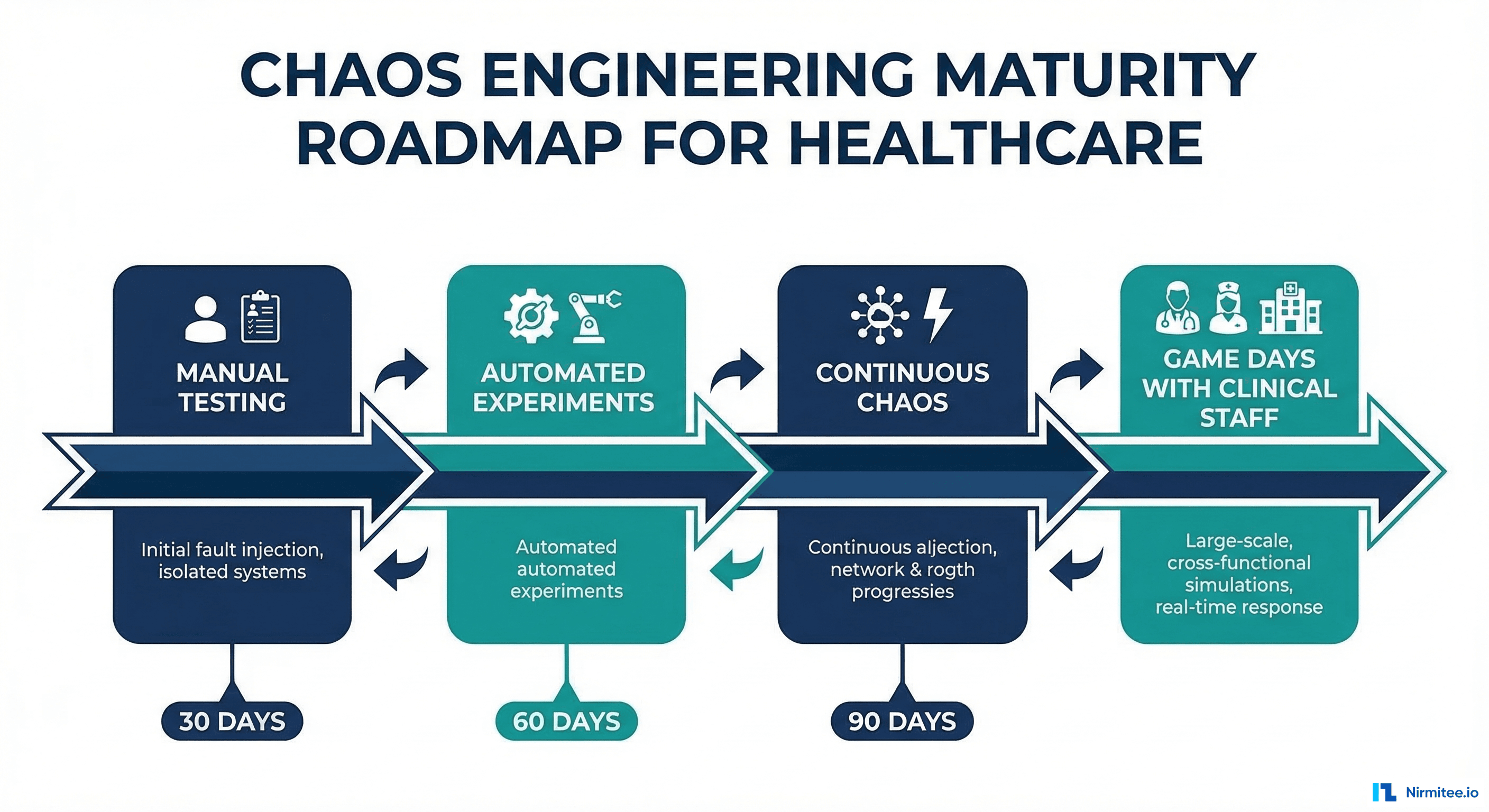 Chaos engineering maturity roadmap for healthcare showing four stages over 90 days