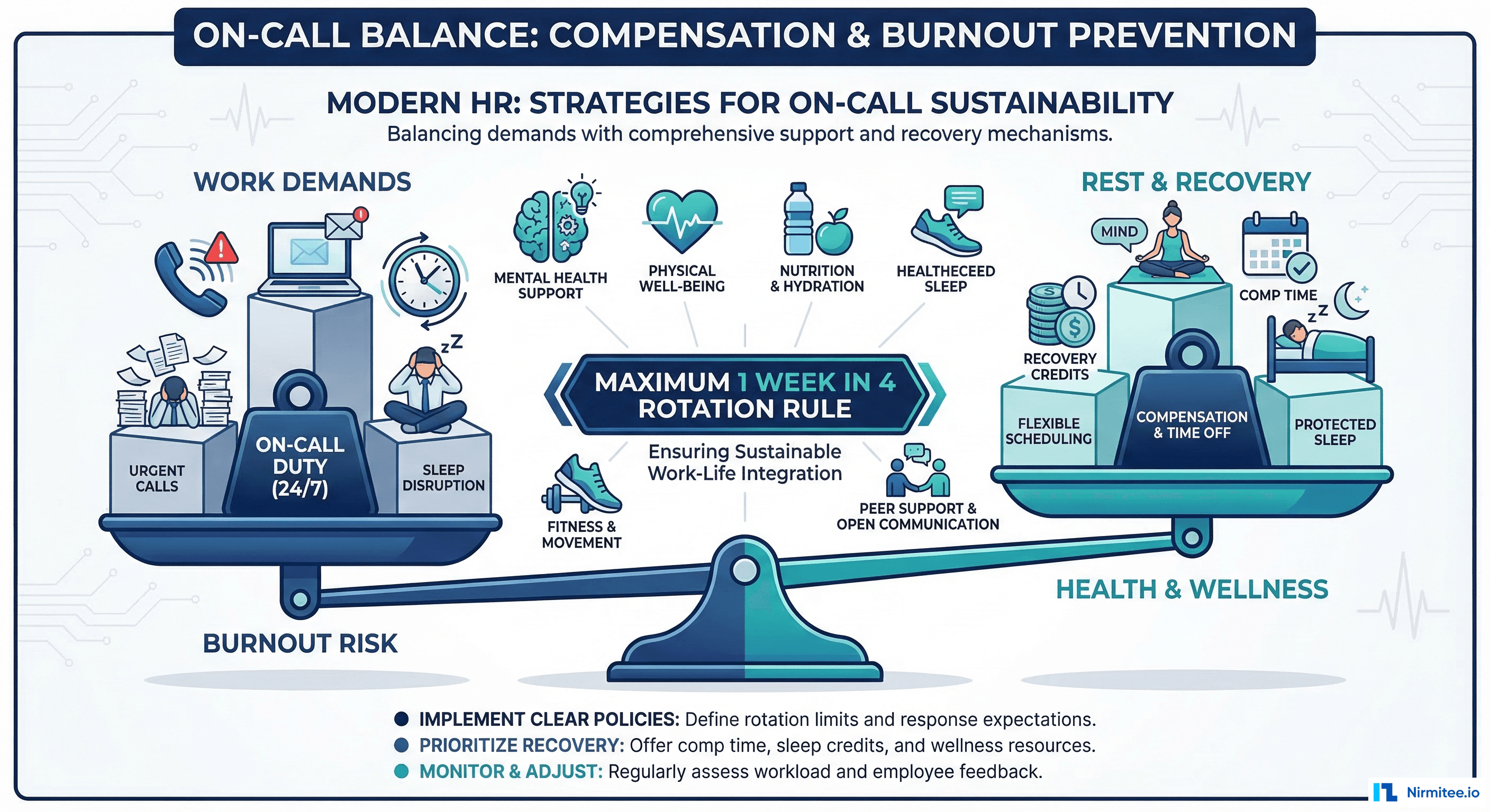 On-call compensation and burnout prevention showing balance between work demands and recovery credits