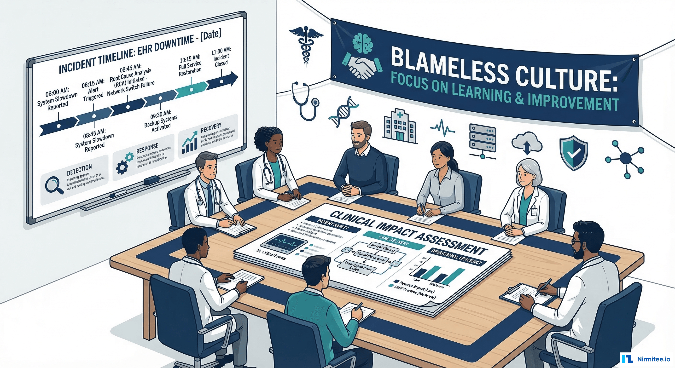 Post-incident review meeting for healthcare IT with blameless culture approach and clinical impact assessment