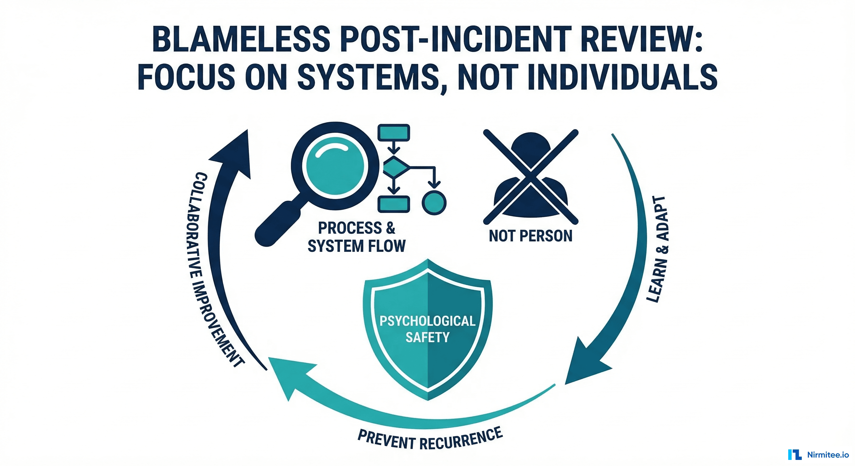 Blameless culture for post-incident reviews focusing on systems improvement rather than individual blame