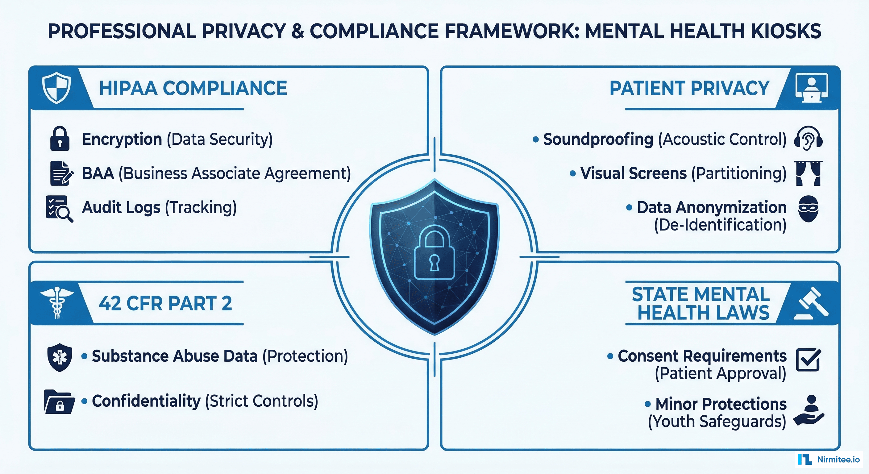 Privacy and compliance framework showing HIPAA, 42 CFR Part 2, and state mental health law requirements